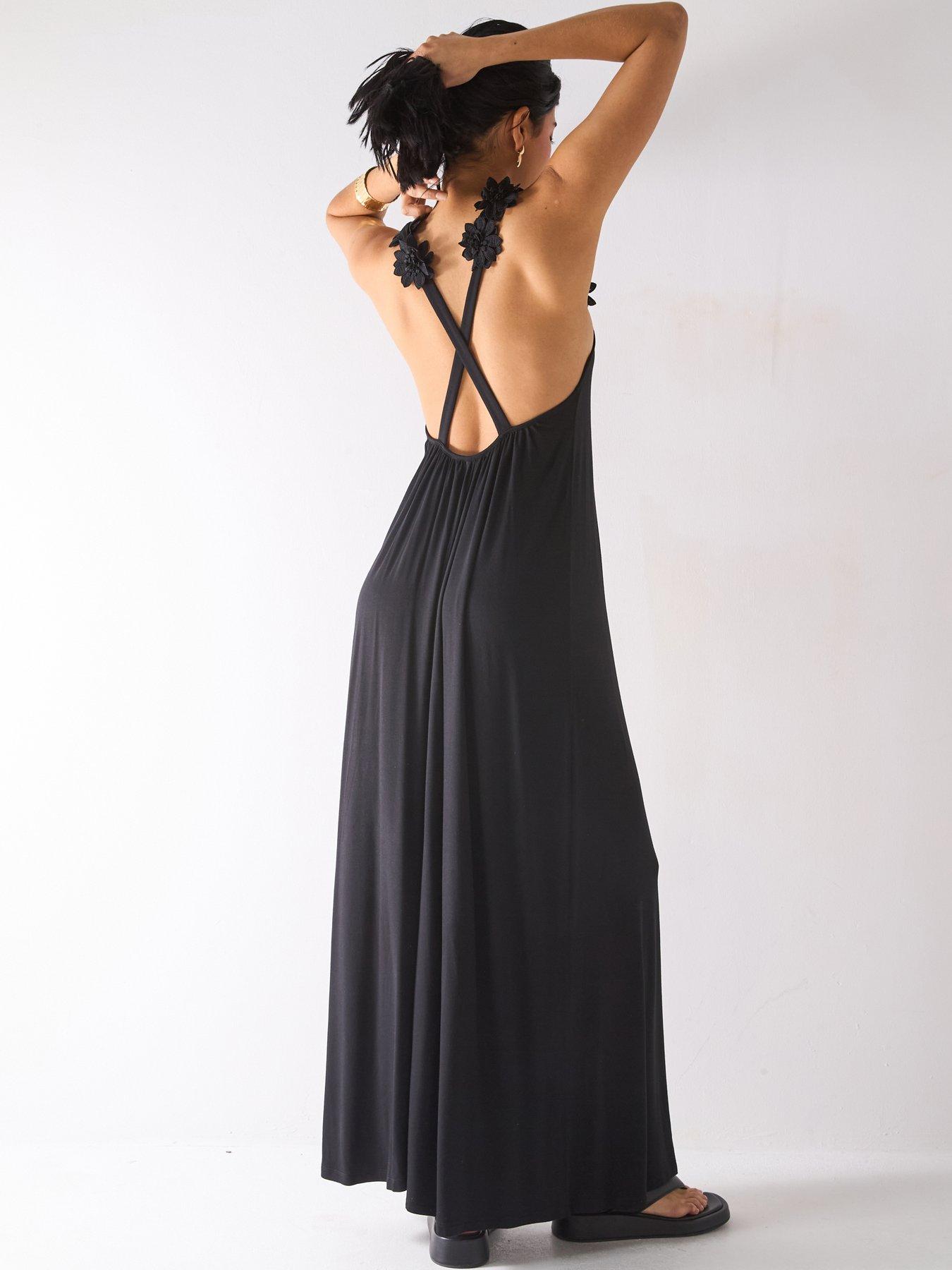 undefined Floral Detail Jersey Strappy Beach Dress - Black