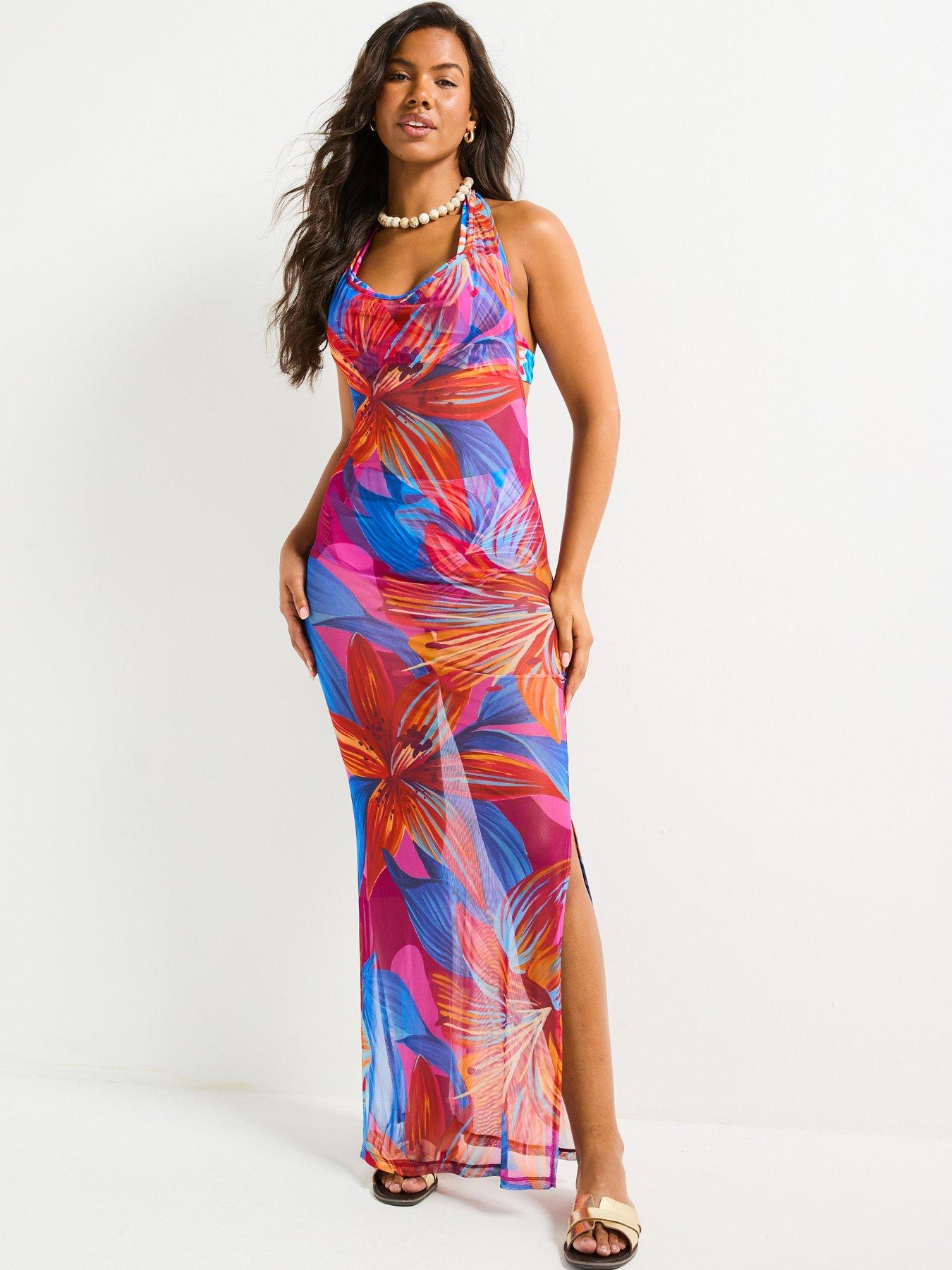 undefined Printed Mesh Halter Maxi Dress