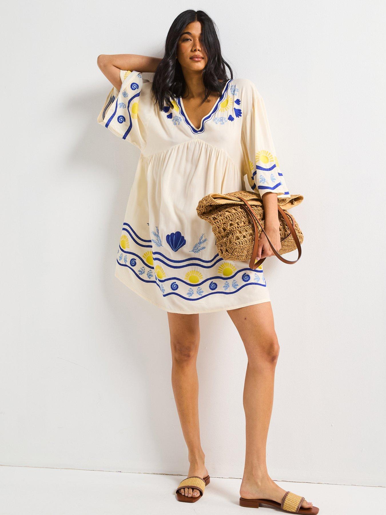 Image 1 of 4 of V by Very All Over Embroidered Beach Dress - Ivory