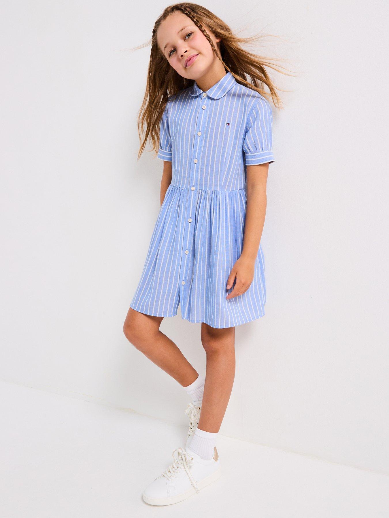 undefined Girls Striped Short Sleeve Dress - Blue