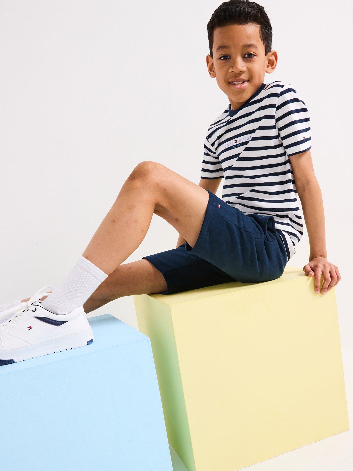 undefined Boys Essential Short Sleeve T-Shirt And Short Set - Navy Stripe