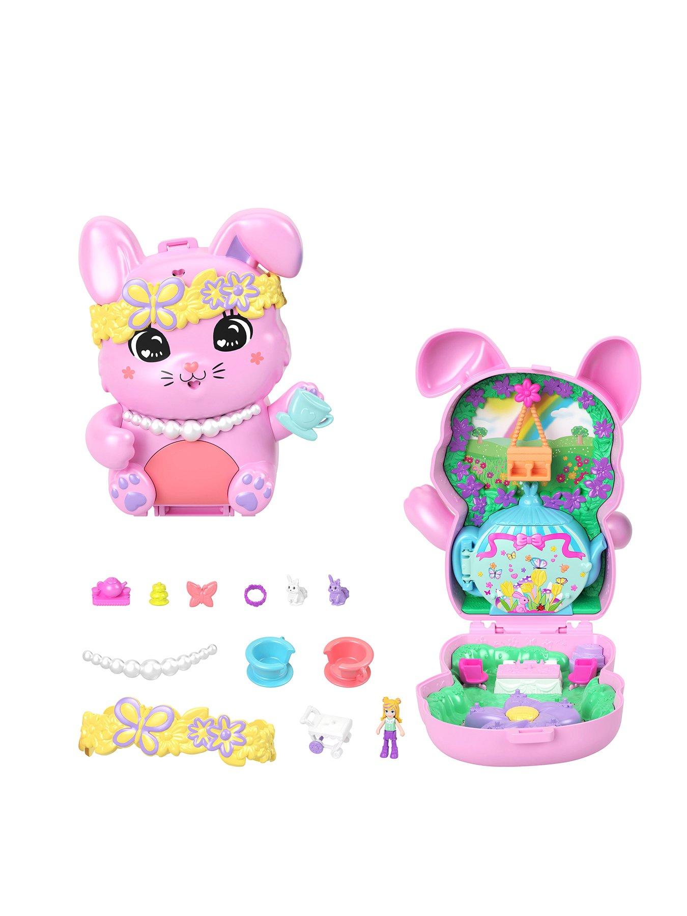 Polly Pocket Tea Party Bunny Compact Playset with 1 Micro Doll and Pet Bunnies, Travel Toy with Styling Accessories