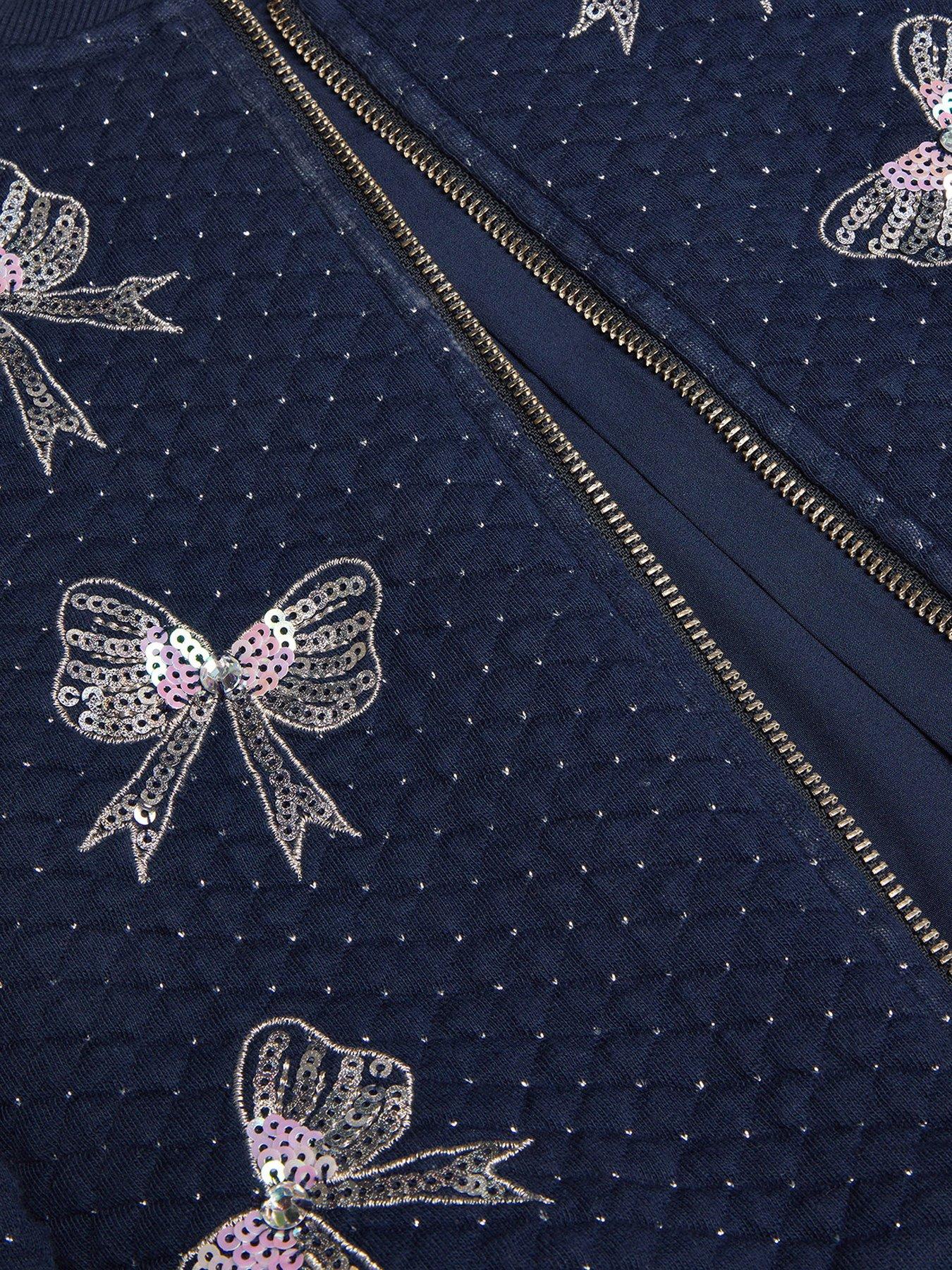 Girls Embellished Sequin Bow Bomber Jacket Navy