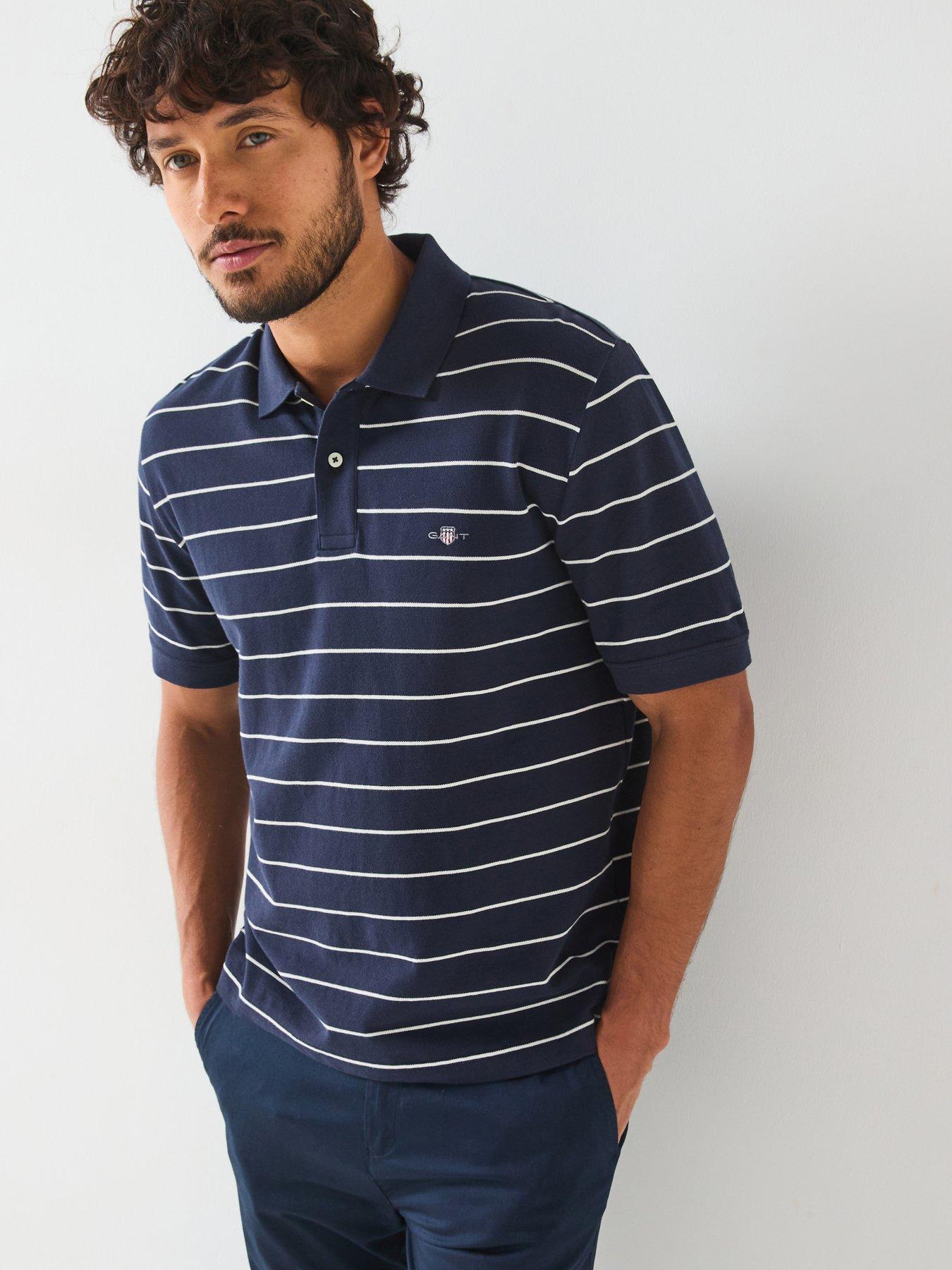 undefined Striped Short Sleeve Polo Shirt - Dark Blue