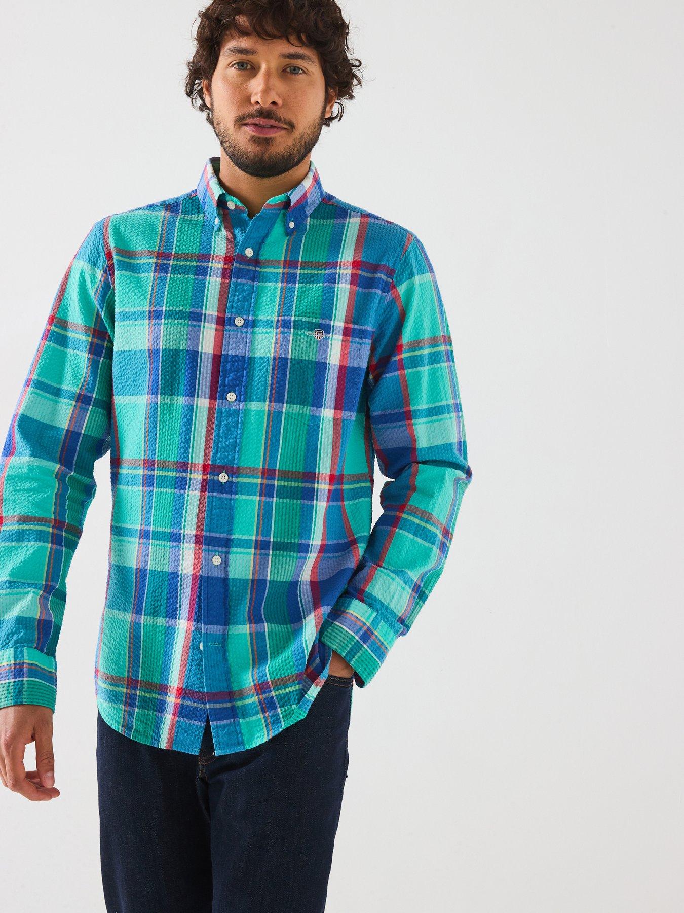 Image 1 of 6 of GANT Regular Fit Seersucker Check Print Long Sleeve Shirt - Blue