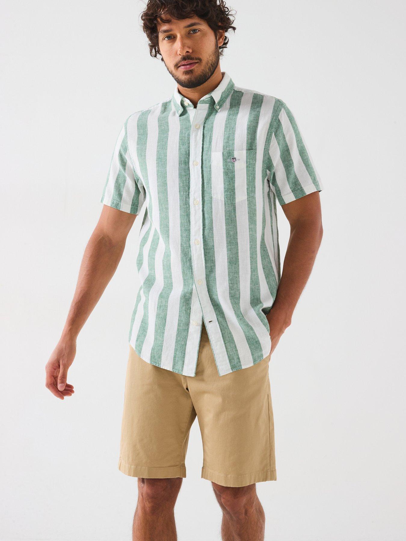 undefined Regular Cotton Linen Stripe Short Sleeve Shirt - Green