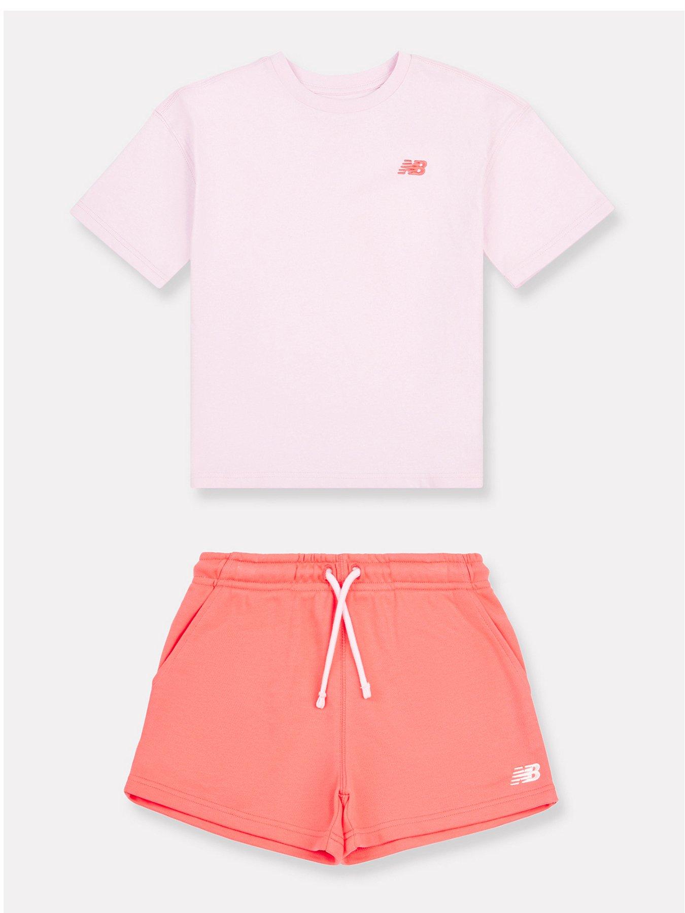 undefined Junior Girls Small Logo Tee and Short Set - Grey/Pink