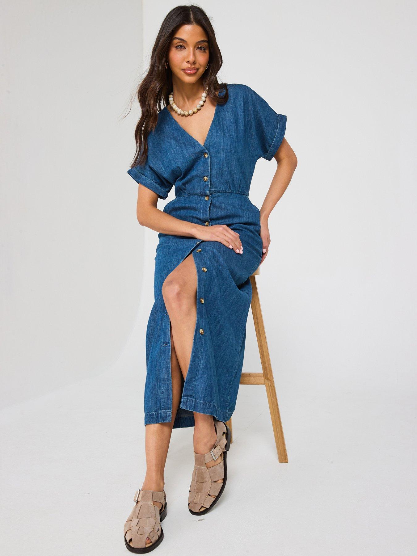 Image 1 of 6 of V by Very Short Sleeve Denim Midi Dress - Dark Wash