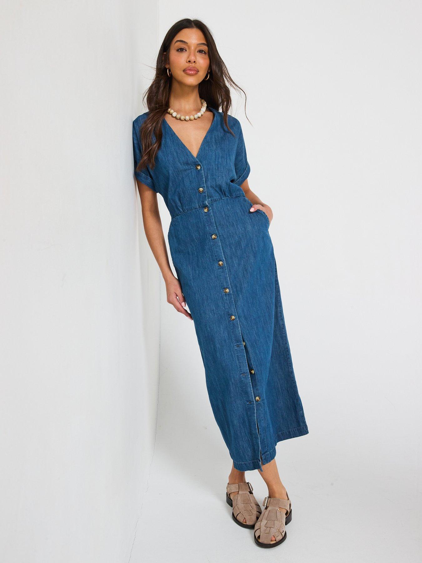 Image 3 of 6 of V by Very Short Sleeve Denim Midi Dress - Dark Wash