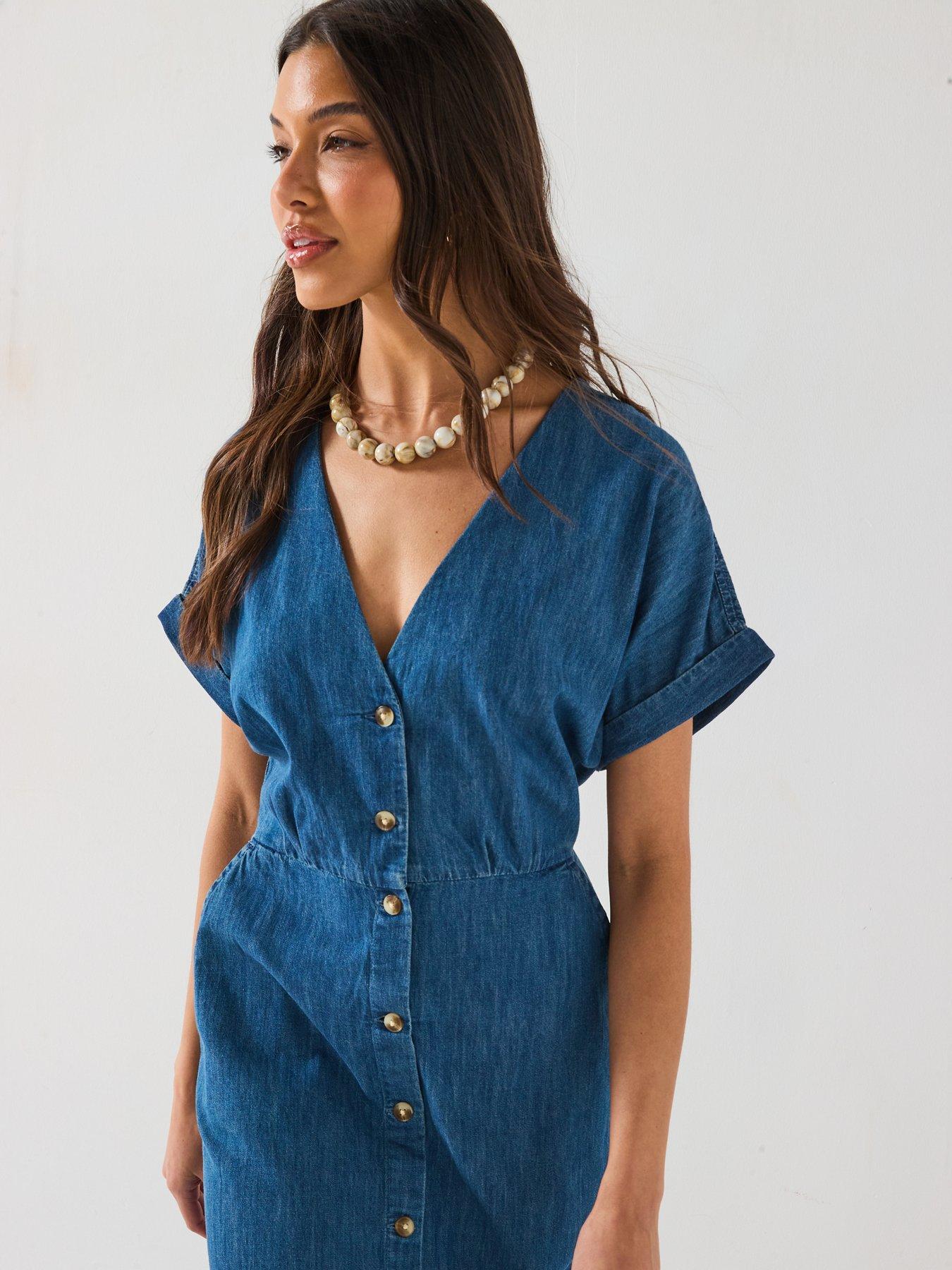 Image 5 of 6 of V by Very Short Sleeve Denim Midi Dress - Dark Wash