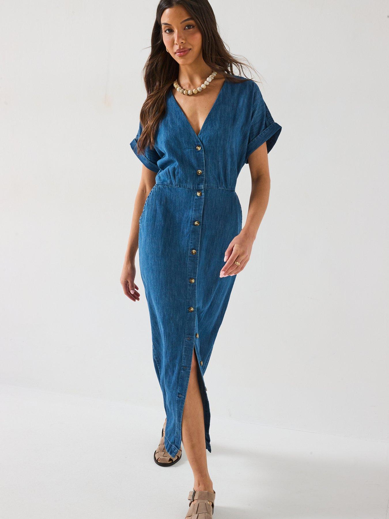 Image 6 of 6 of V by Very Short Sleeve Denim Midi Dress - Dark Wash
