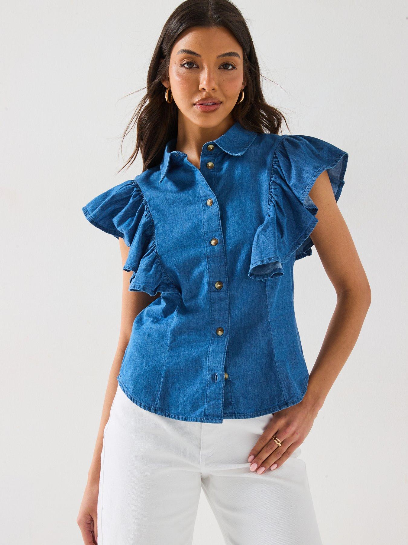 undefined Denim Ruffle Shirt - Mid Wash