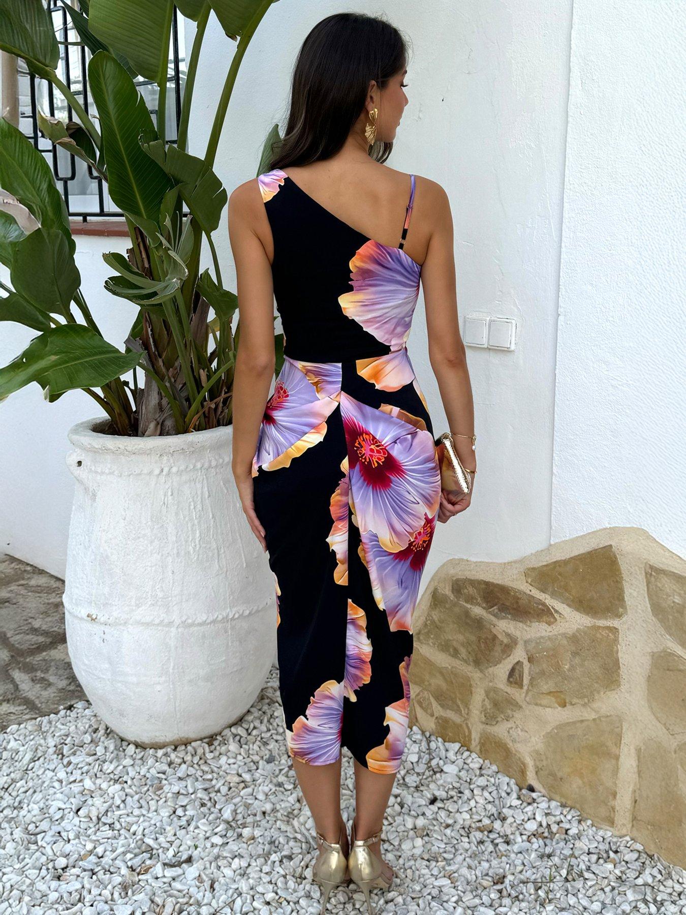 Image 2 of 4 of AX Paris Black And Lilac Floral Print Strap Detail Gathered Skirt Midi Dress