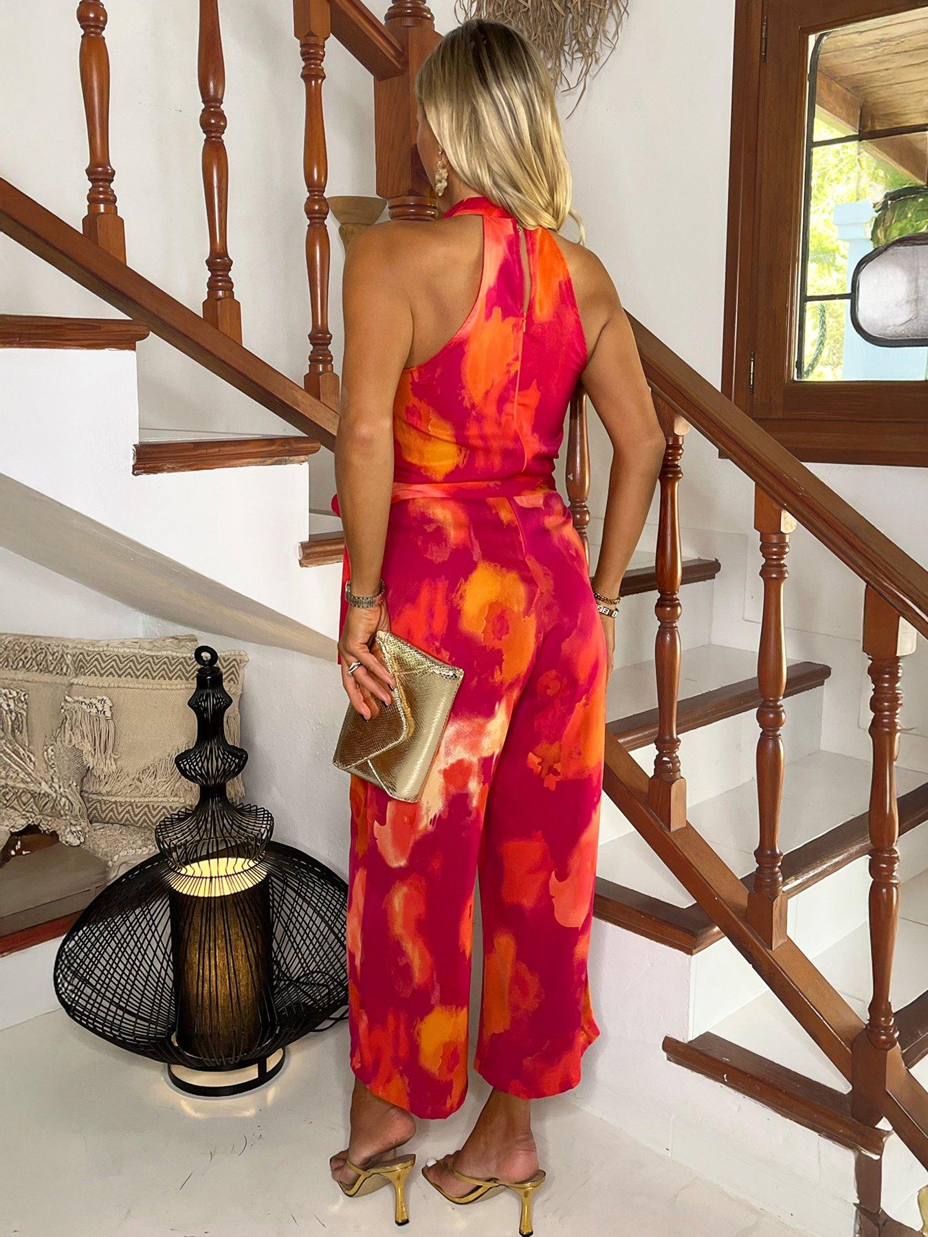 Image 2 of 4 of AX Paris Pink And Orange Smudge Print Halter Neck Tie Waist Jumpsuit