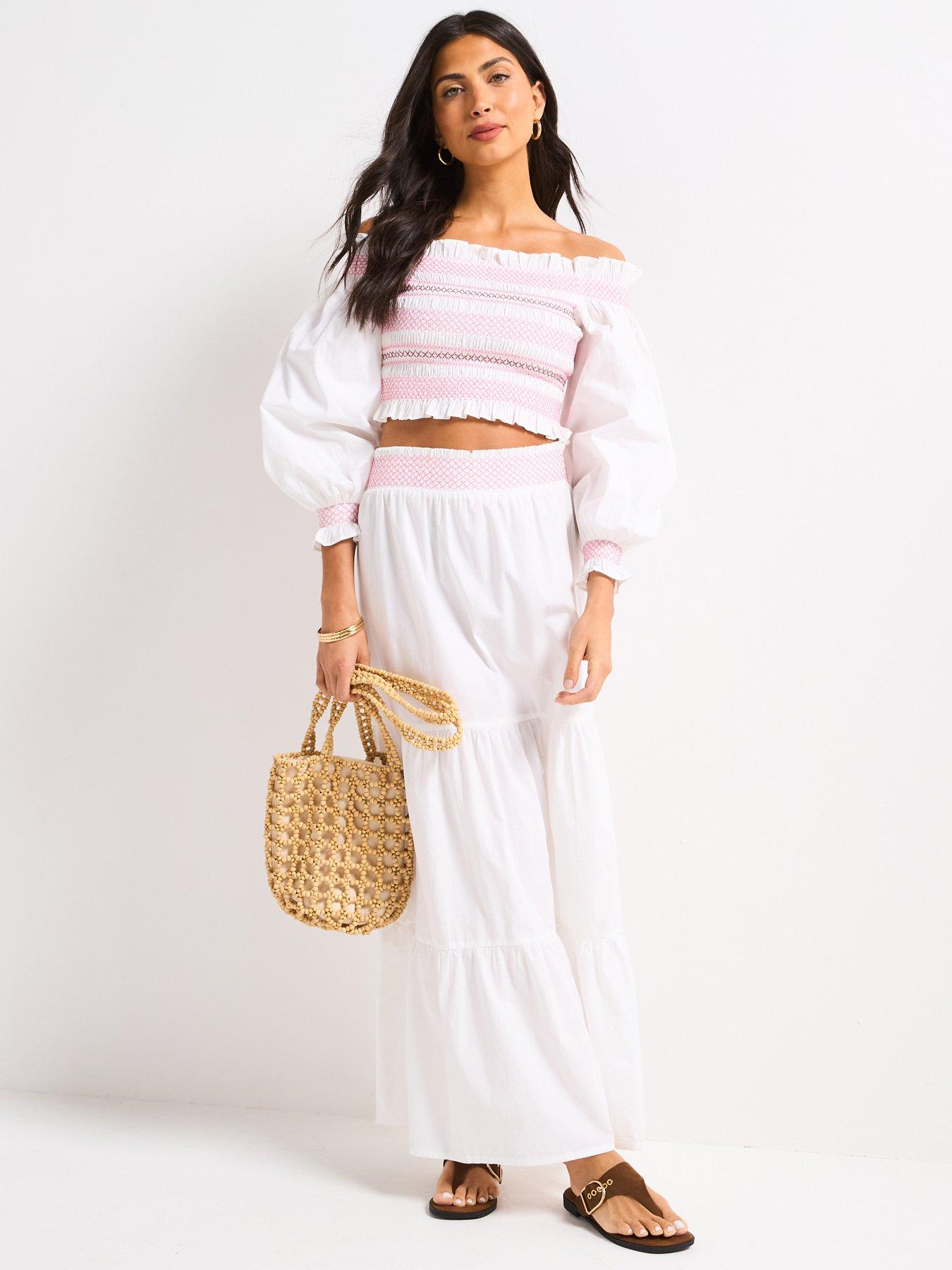 Image of V by Very Contrast Stitch Bardot Blouse - White