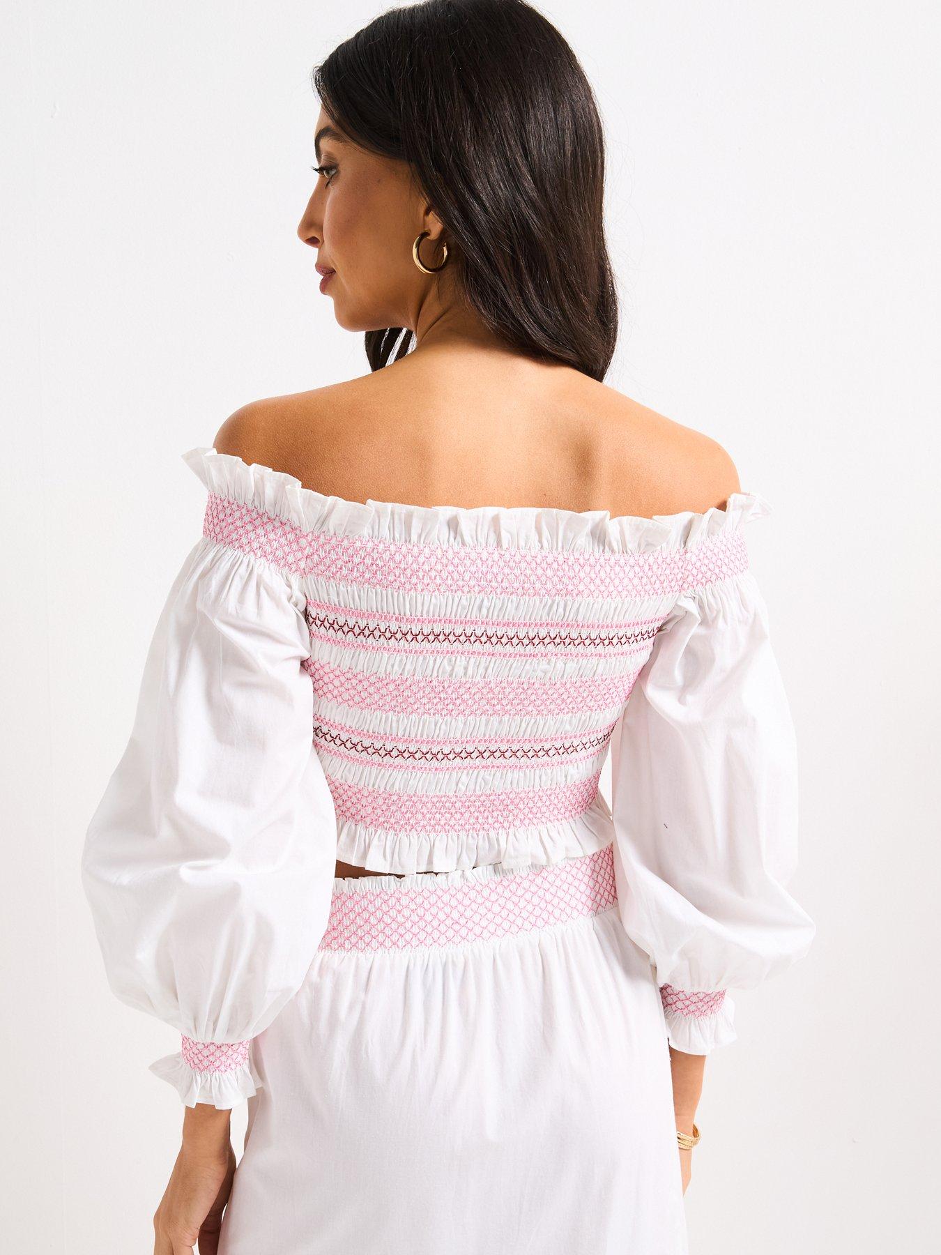 Image 2 of 6 of V by Very Contrast Stitch Bardot Blouse - White