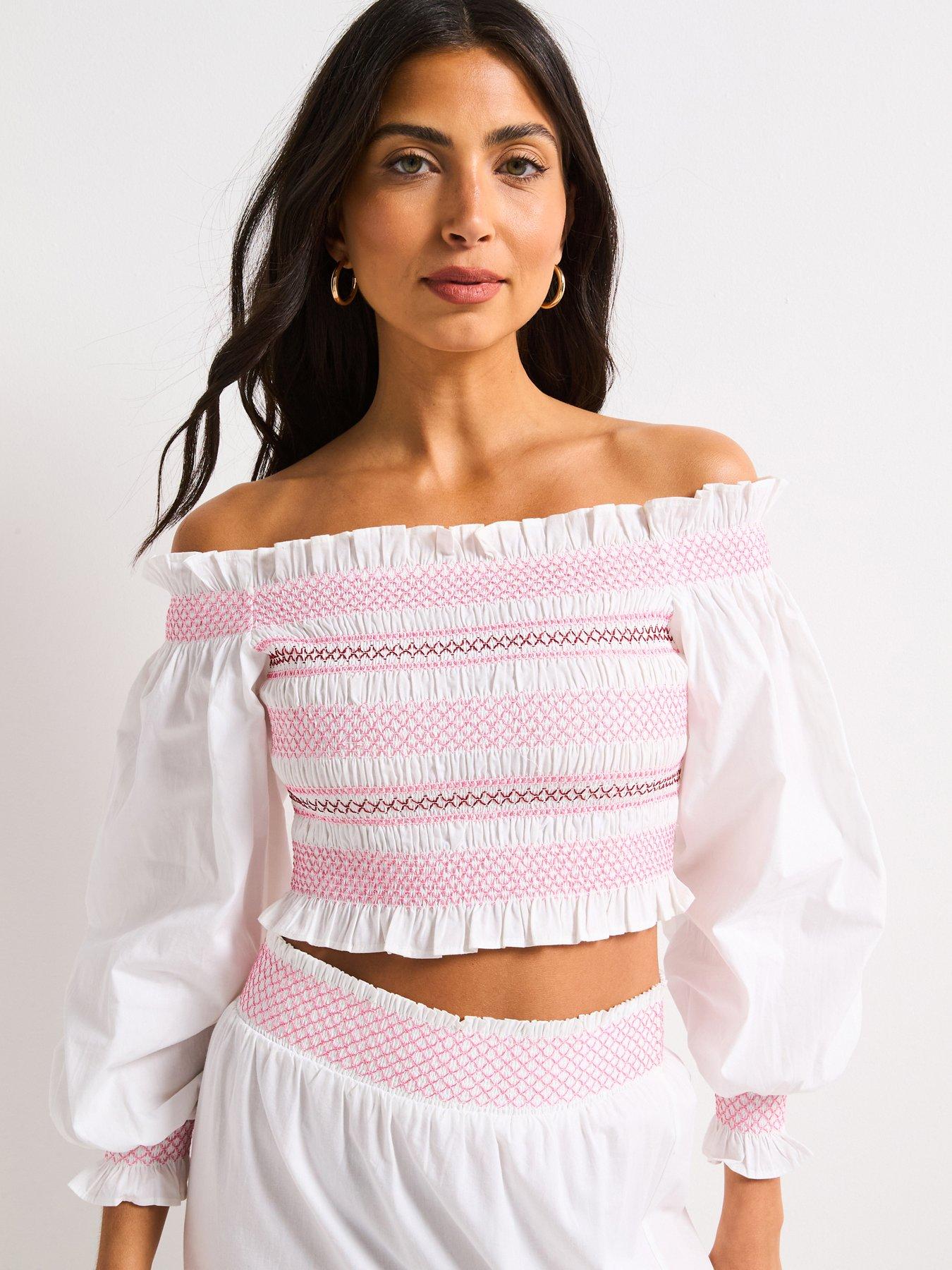 Image 3 of 6 of V by Very Contrast Stitch Bardot Blouse - White