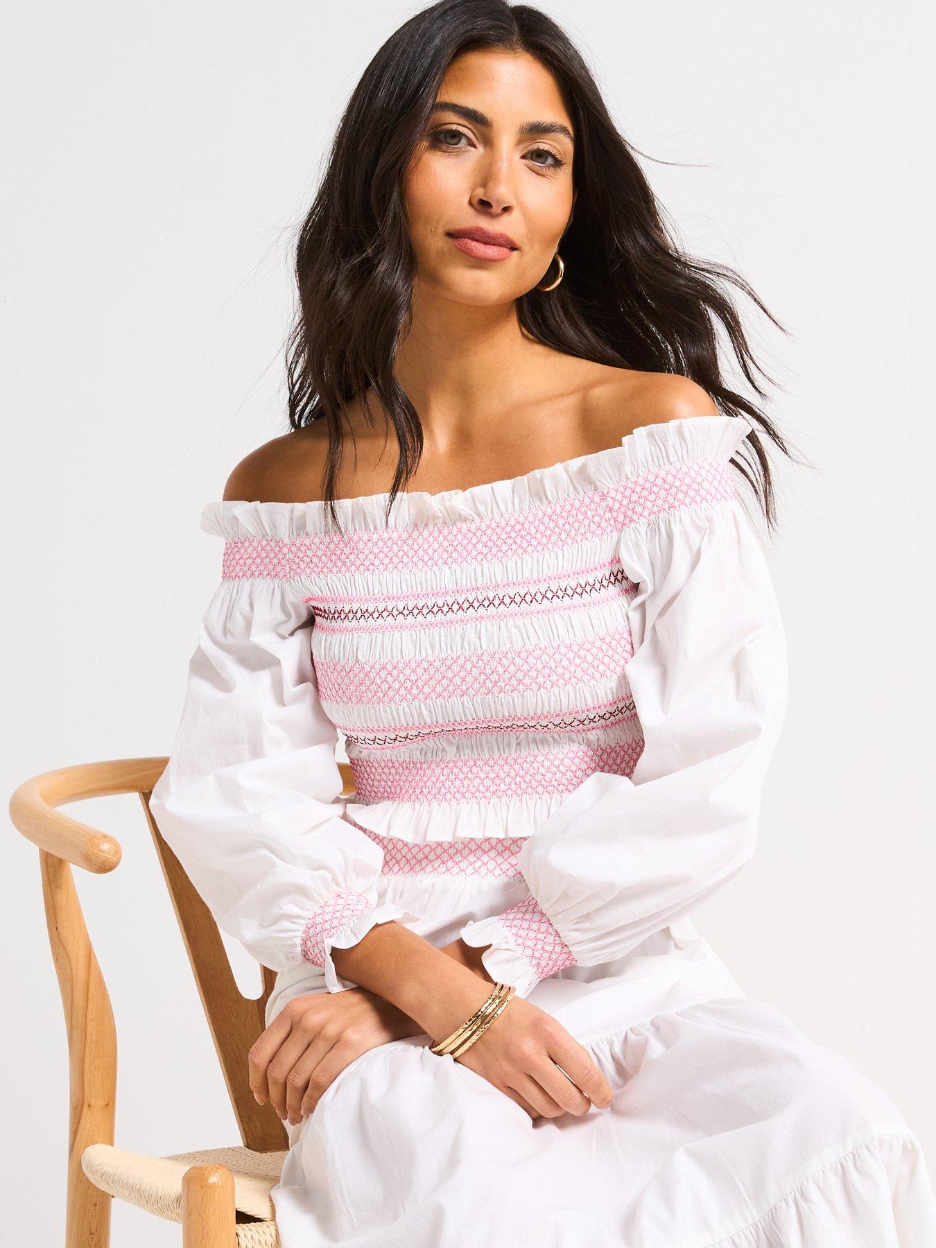 Image 4 of 6 of V by Very Contrast Stitch Bardot Blouse - White