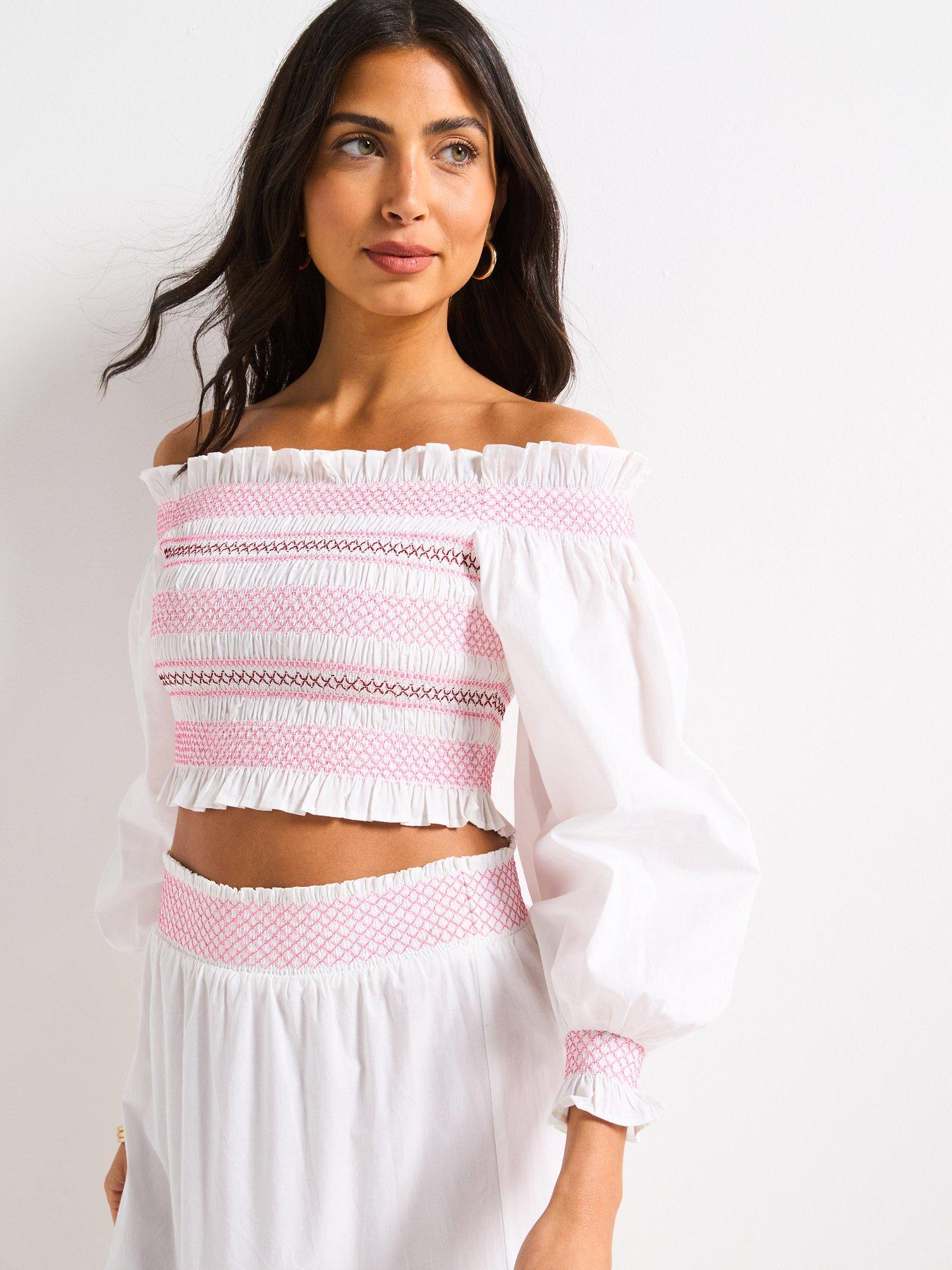 Image 6 of 6 of V by Very Contrast Stitch Bardot Blouse - White