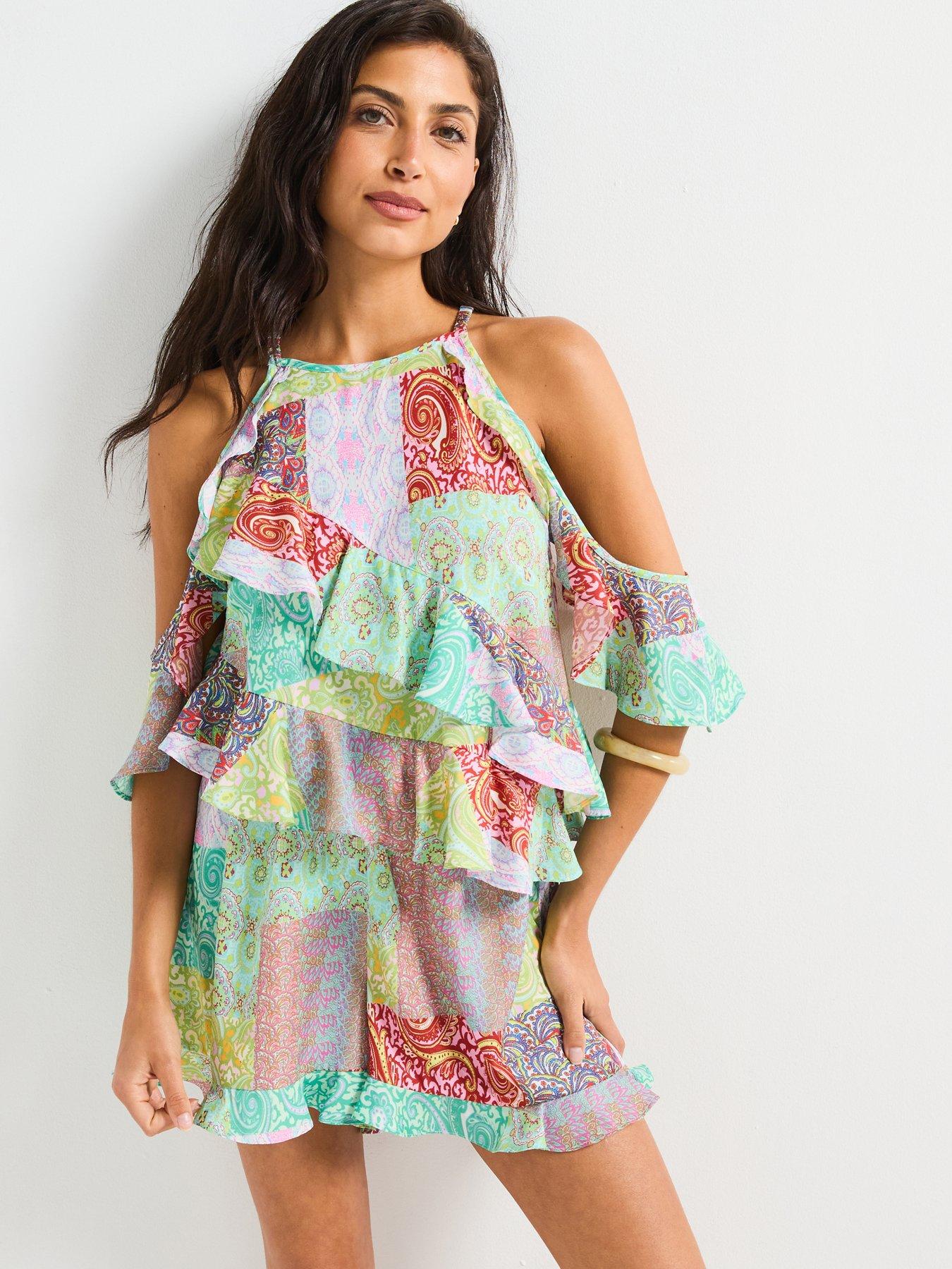 Image 1 of 6 of V by Very Cold Shoulder Ruffle Playsuit - Multi