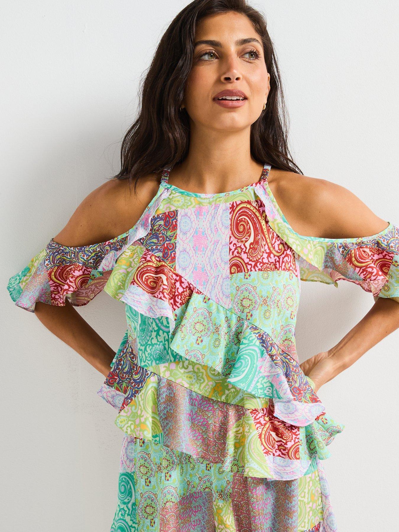Image 4 of 6 of V by Very Cold Shoulder Ruffle Playsuit - Multi