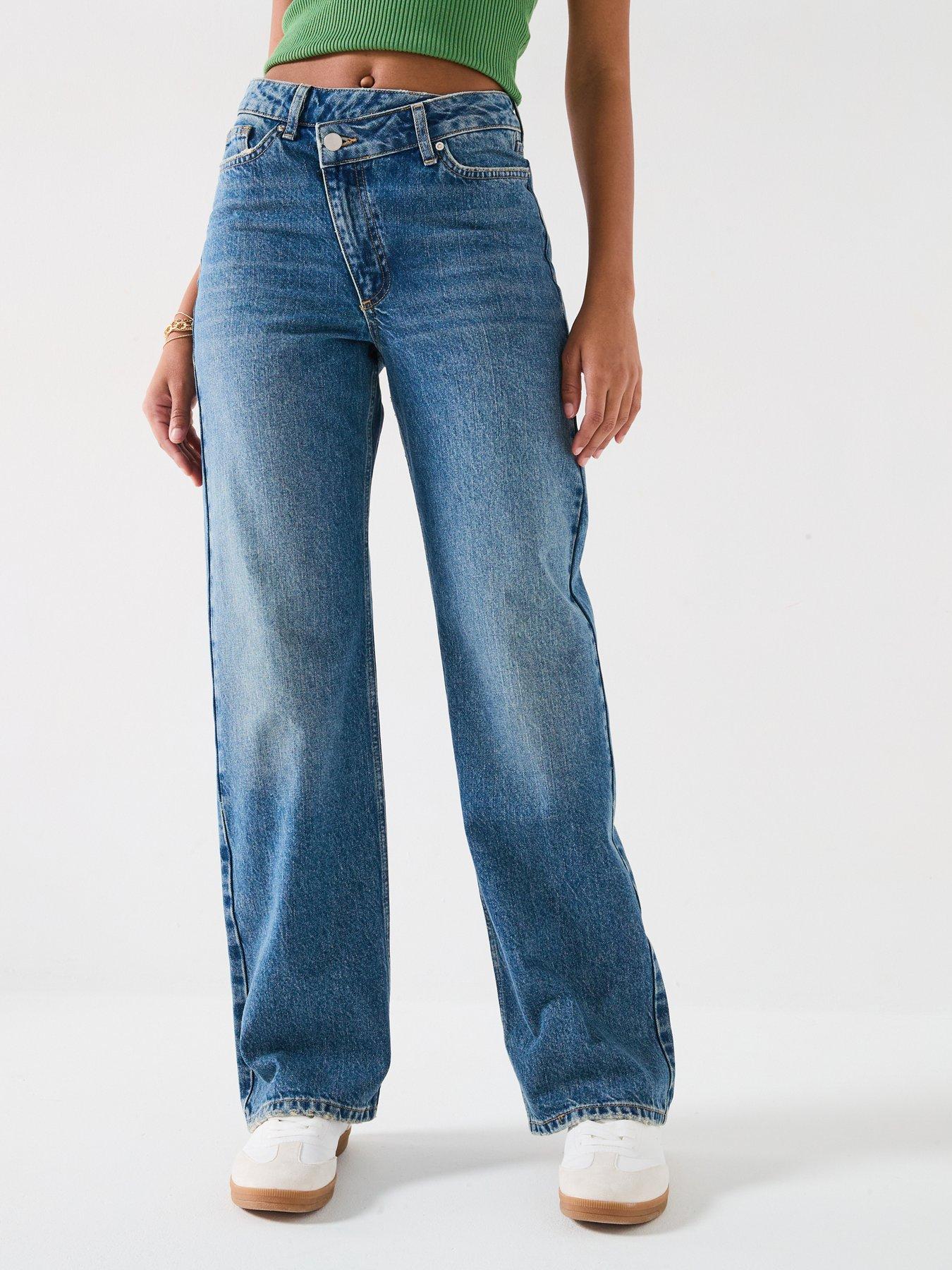 undefined High Waist Wrap Front Wide Jeans - Mid Wash