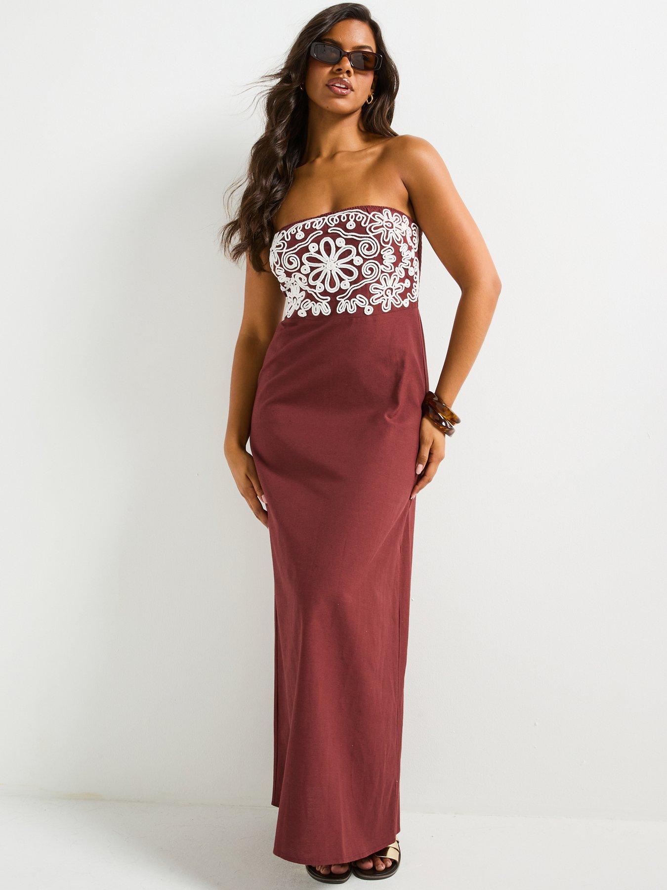 Image 1 of 4 of V by Very Embroidered Bandeau Beach Dress - Brown