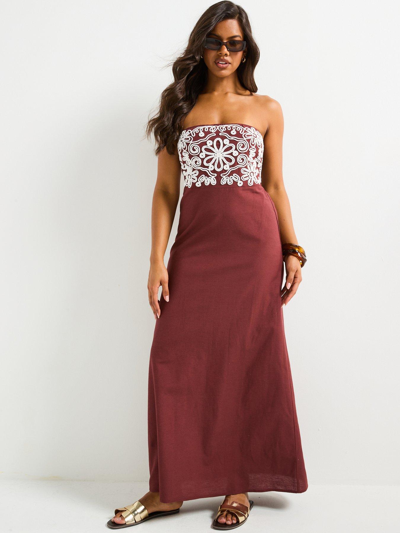 Image 3 of 4 of V by Very Embroidered Bandeau Beach Dress - Brown