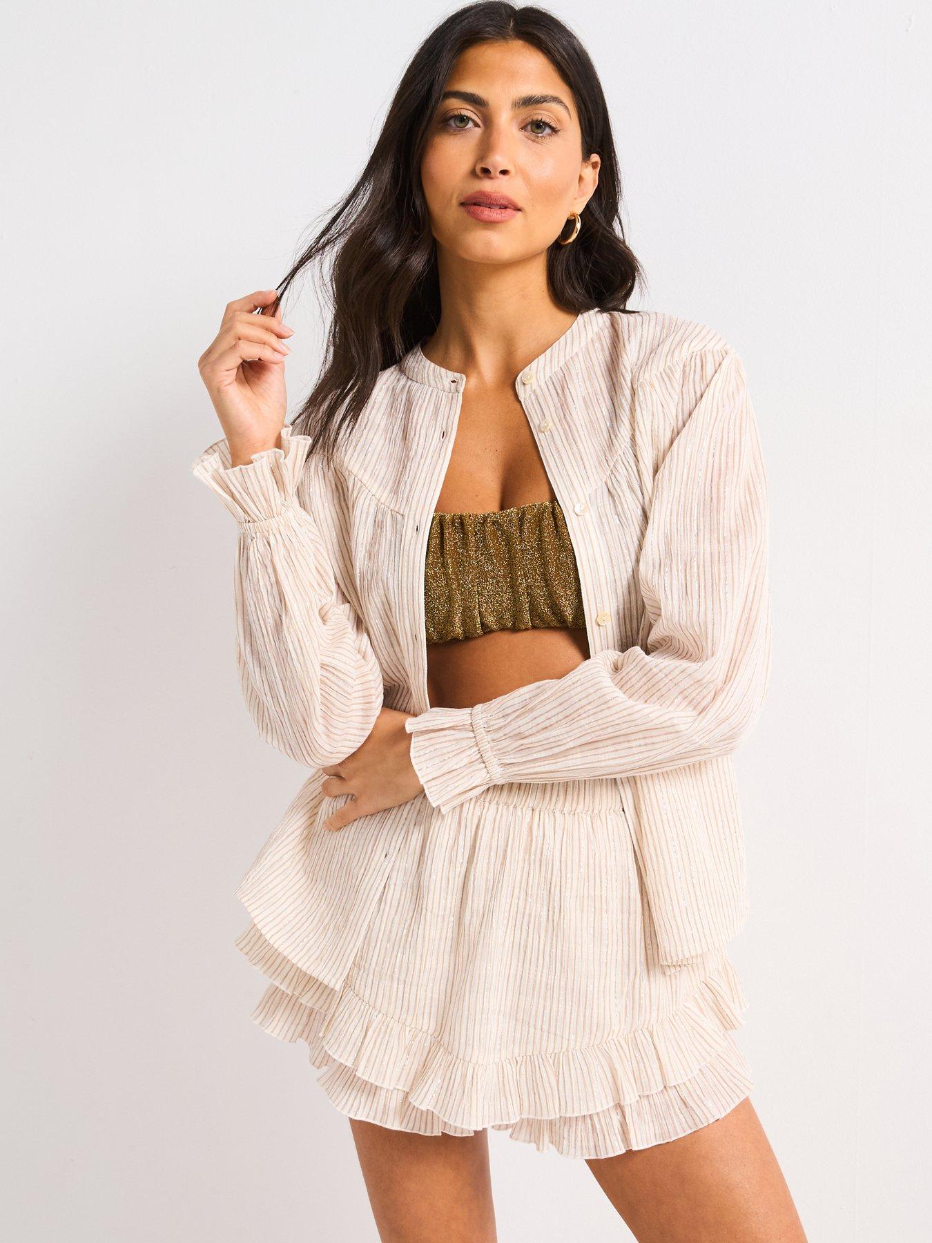 undefined Lurex Button Through Top - Beige