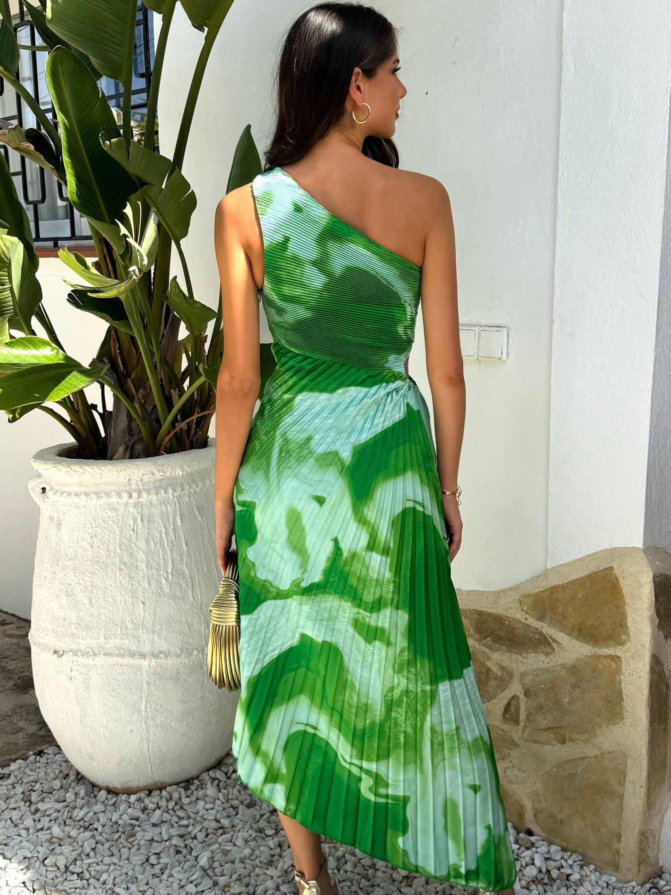 strapless open back dress Amelie One-Shoulder Accordion Pleat Maxi Dress Floral Fuchsia– Selfie Leslie main image 1