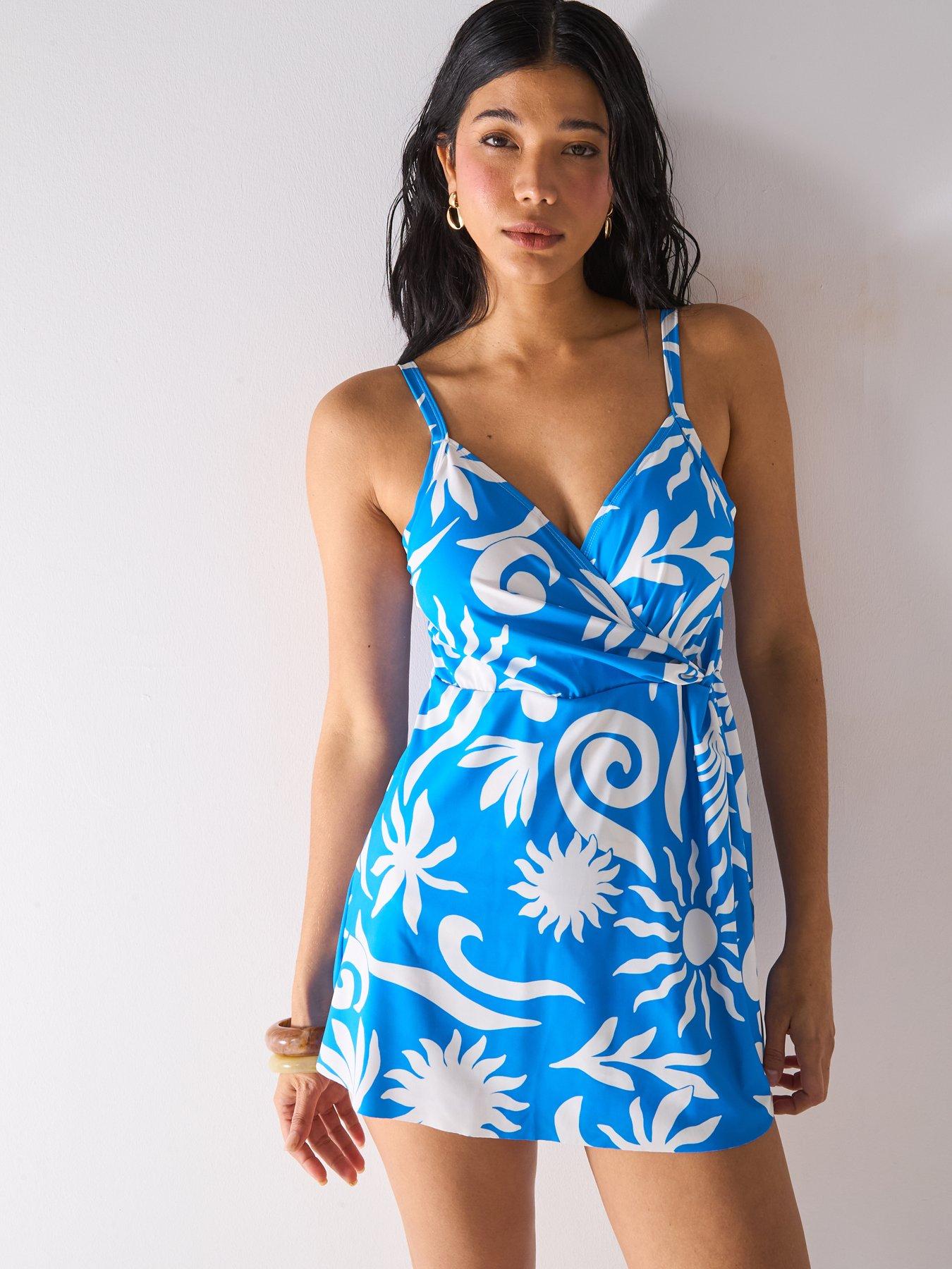 V by Very Twist Front Split Side Swim Dress - Blue | Very