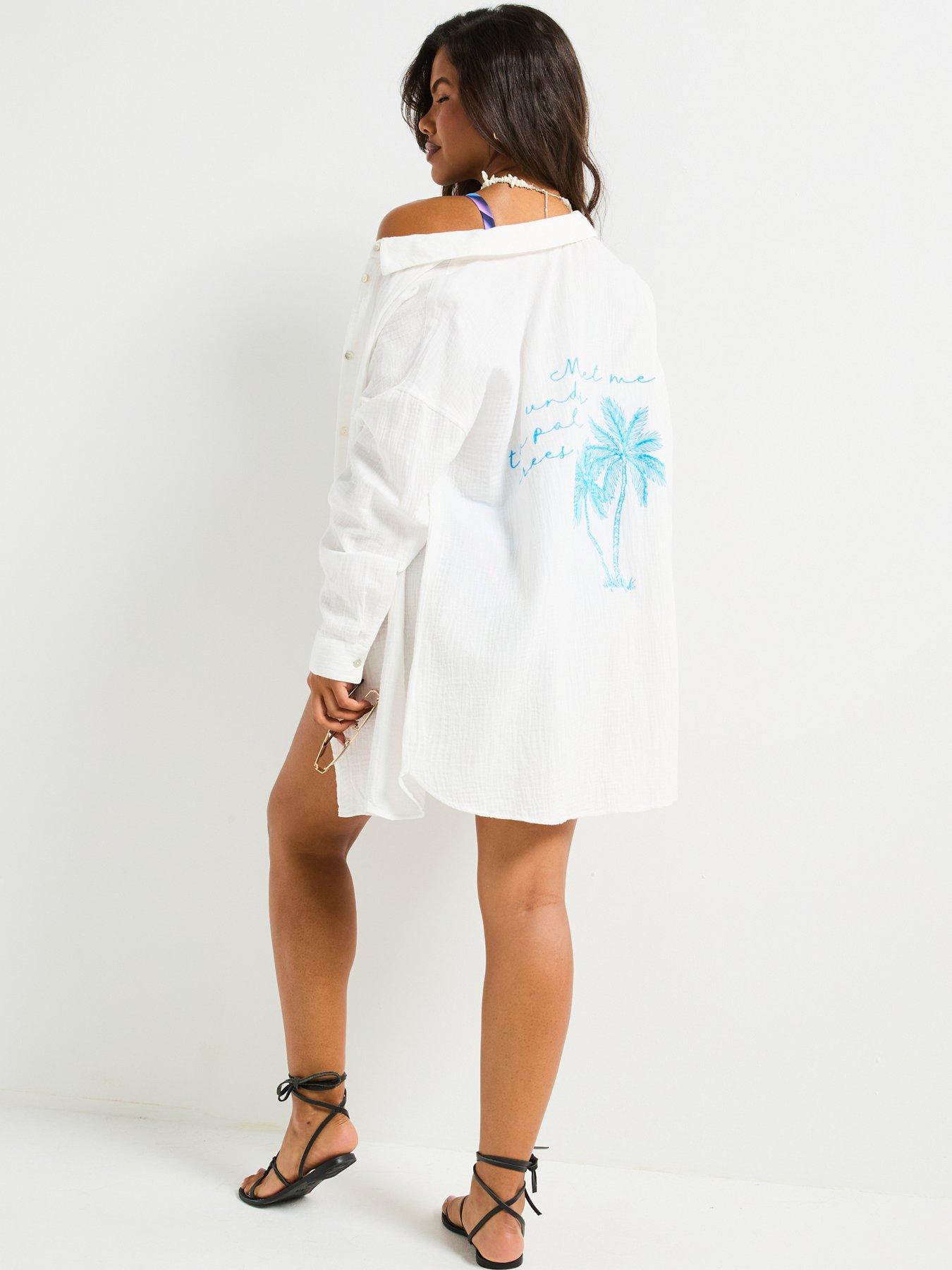 undefined Embroidered Back Palm Oversized Beach Shirt