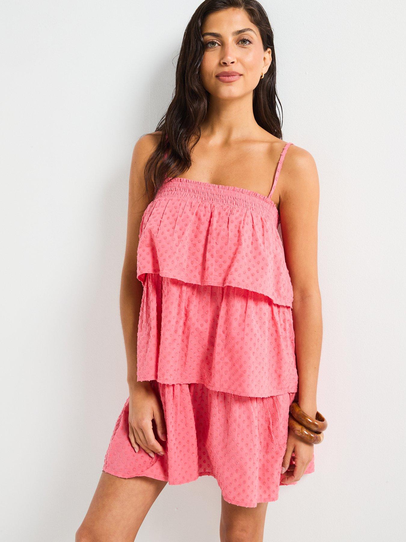 Image 6 of 6 of V by Very Tiered Dobby Mini Dress - Pink