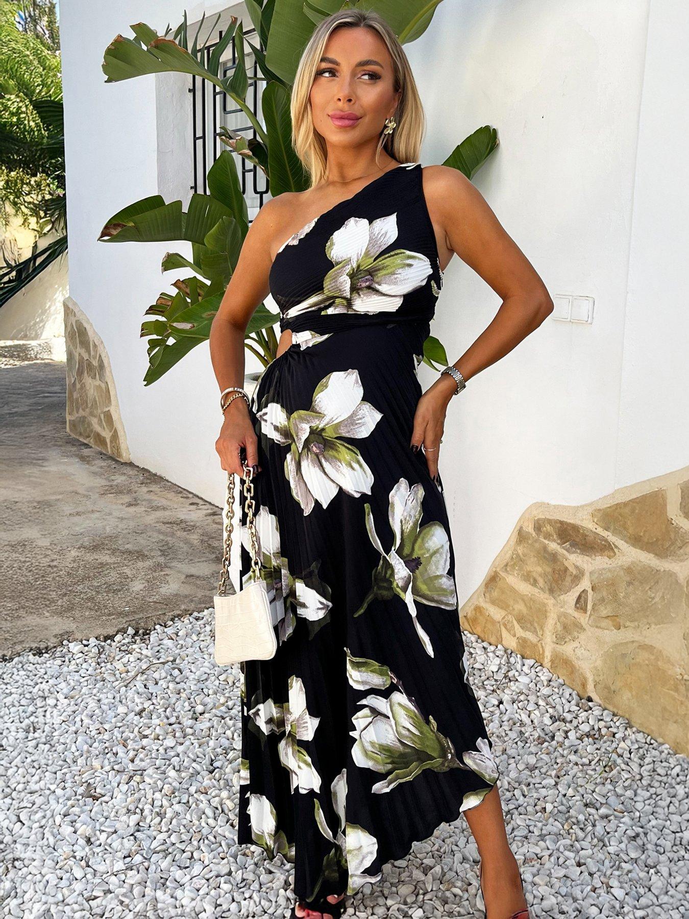 undefined One Shoulder Cut Out Pleated Midi Dress - Black Floral