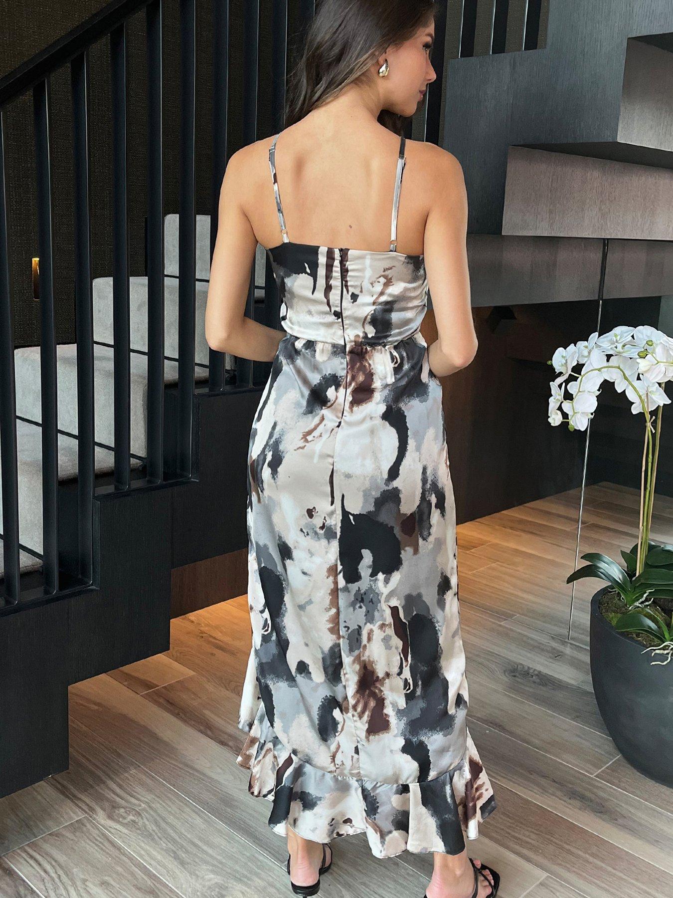 Image 2 of 4 of AX Paris Marble Print Strappy High Low Frill Hem Midi Dress - Multi