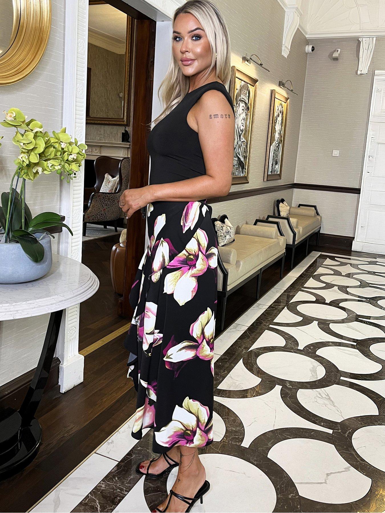 Image 2 of 4 of AX Paris Floral Print 2 In 1 Double Frill Split Midi Dress - Black