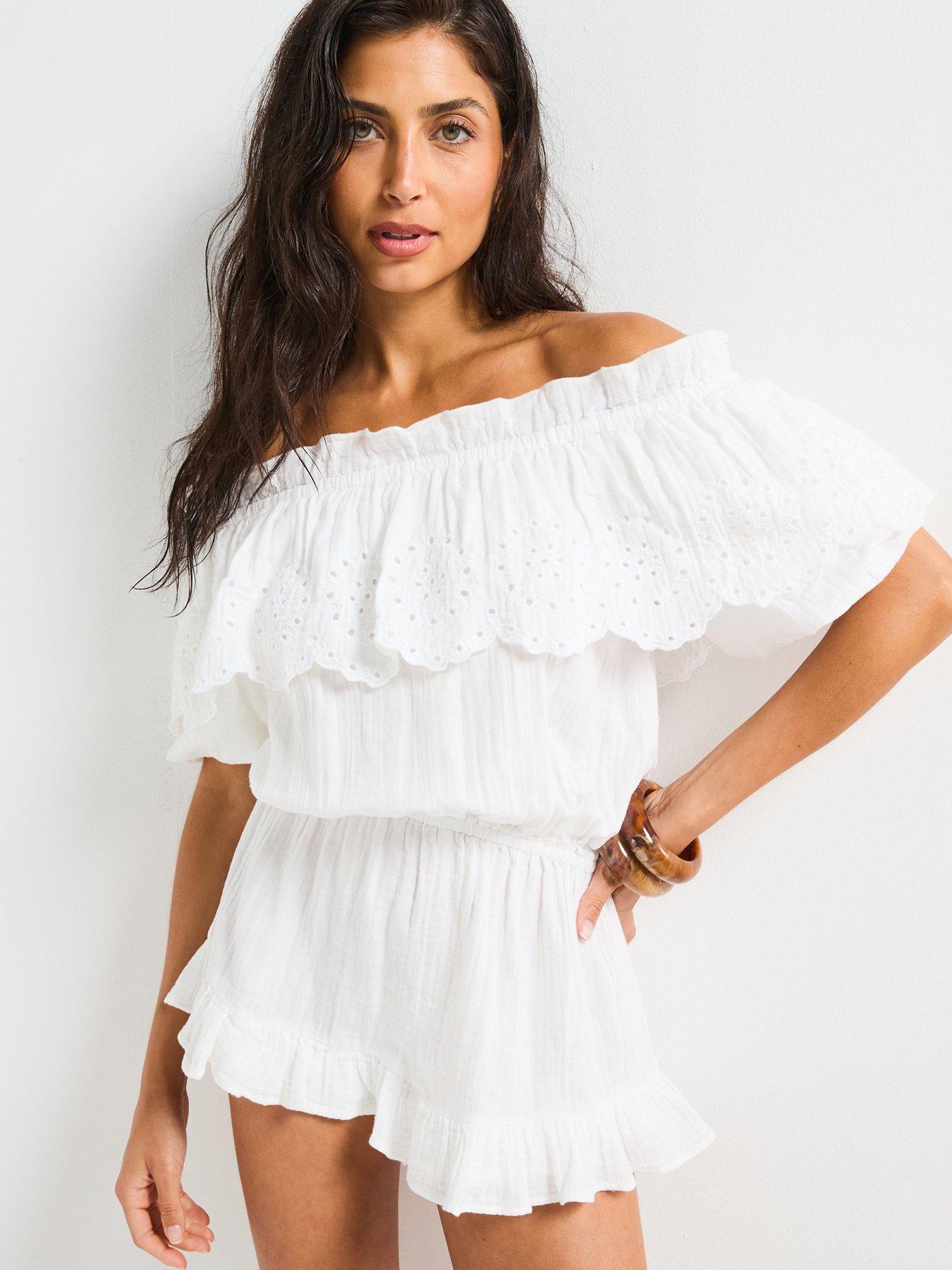 undefined Beach Bardot Broderie Frill Playsuit - White