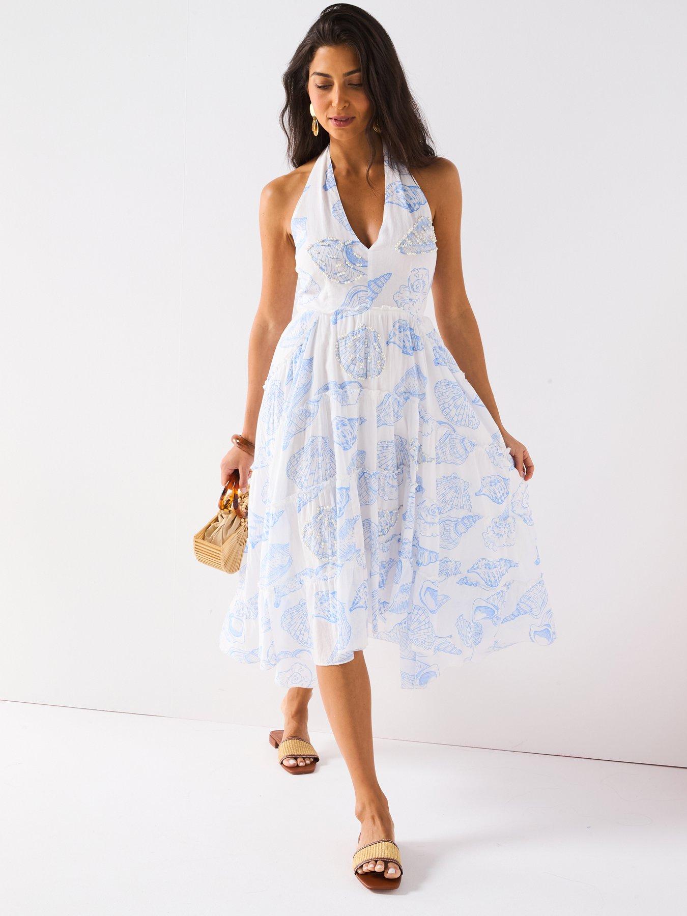 undefined Halter Tiered Asymmetric Midi Dress - Print