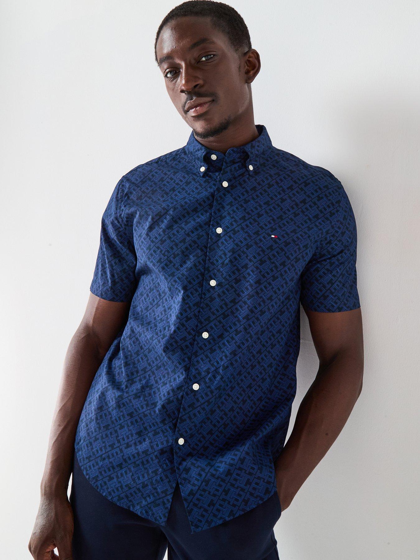 undefined Tommy Hilfiger Regular Fit Flex Poplin Monogram Short Sleeve Shirt - Navy