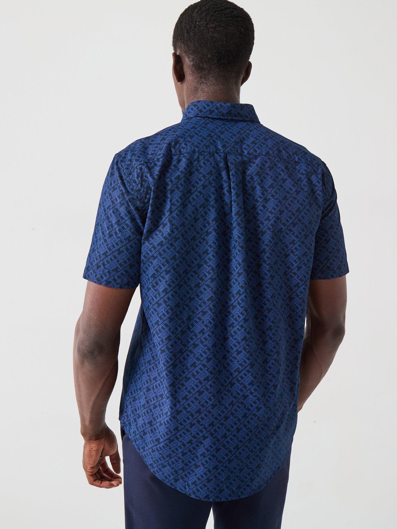 Image 2 of 4 of Tommy Hilfiger Regular Fit Flex Poplin Monogram Short Sleeve Shirt - Navy