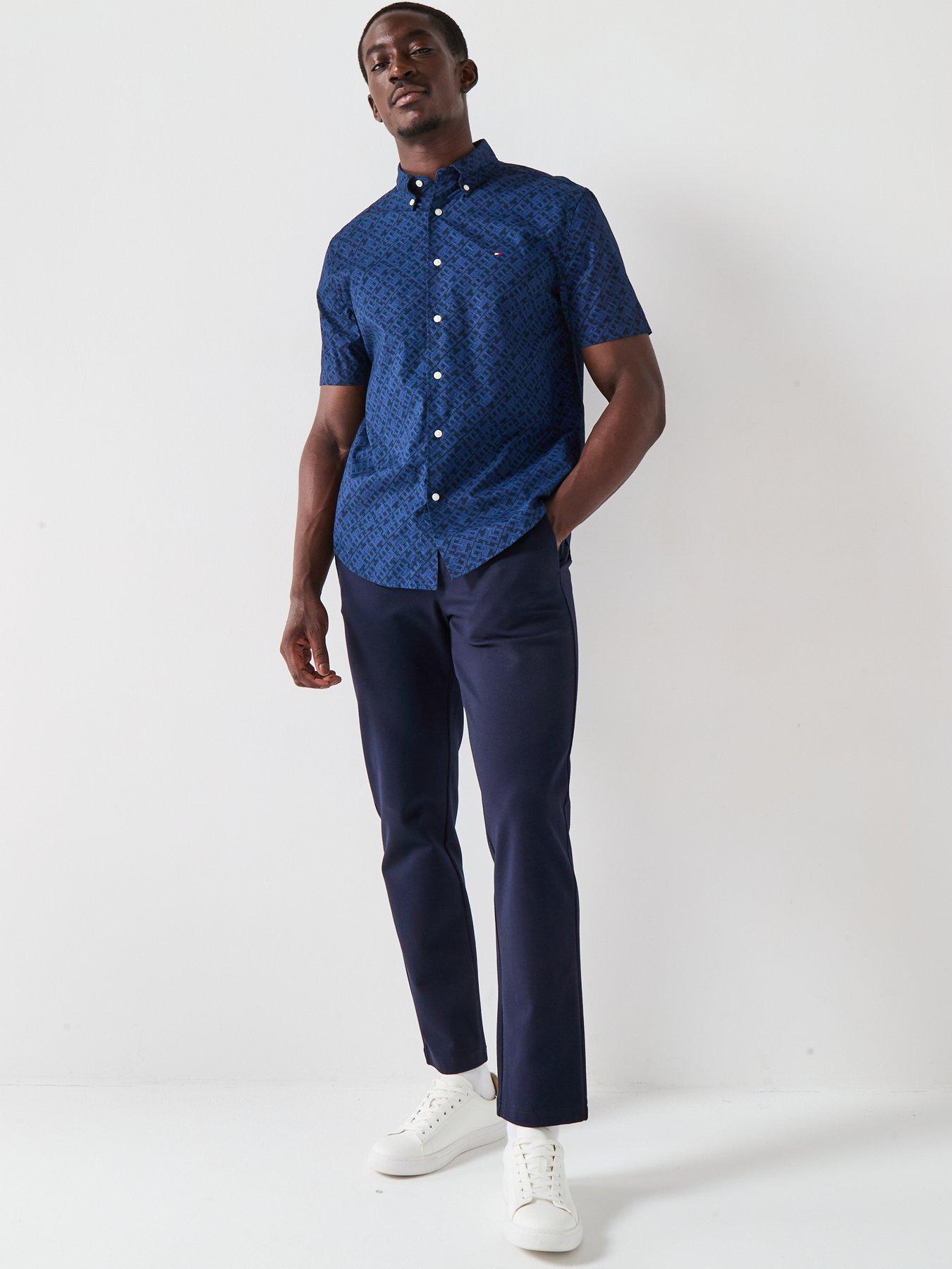 Image 3 of 4 of Tommy Hilfiger Regular Fit Flex Poplin Monogram Short Sleeve Shirt - Navy
