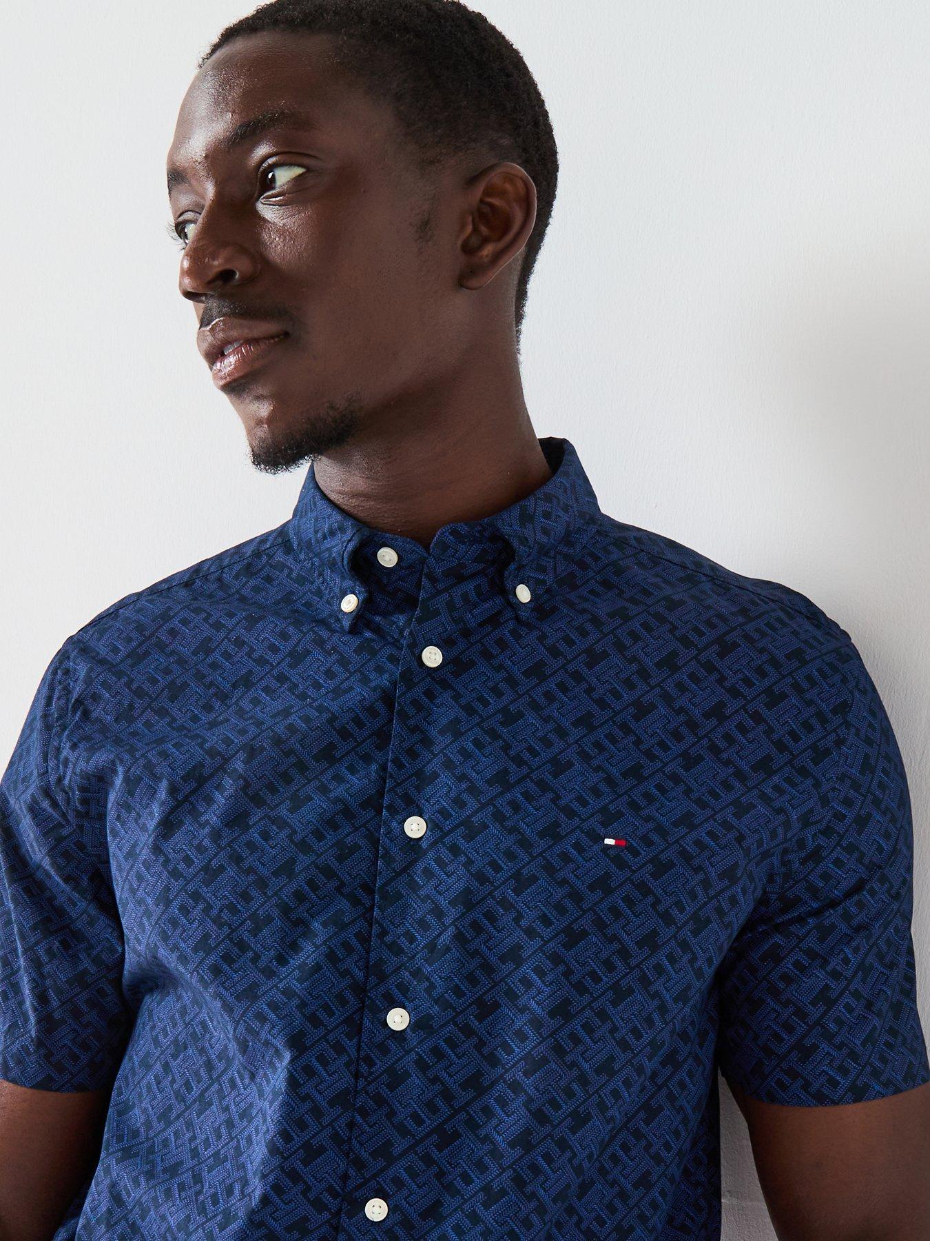 Image 4 of 4 of Tommy Hilfiger Regular Fit Flex Poplin Monogram Short Sleeve Shirt - Navy