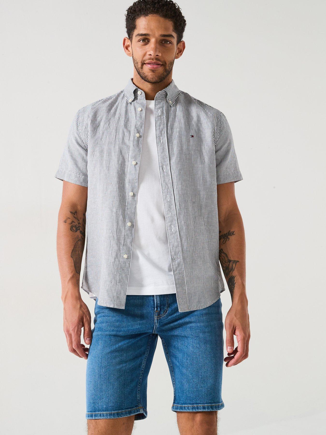 undefined Regular Fit Cotton Linen Essential Stripe Short Sleeve Shirt - White/Black