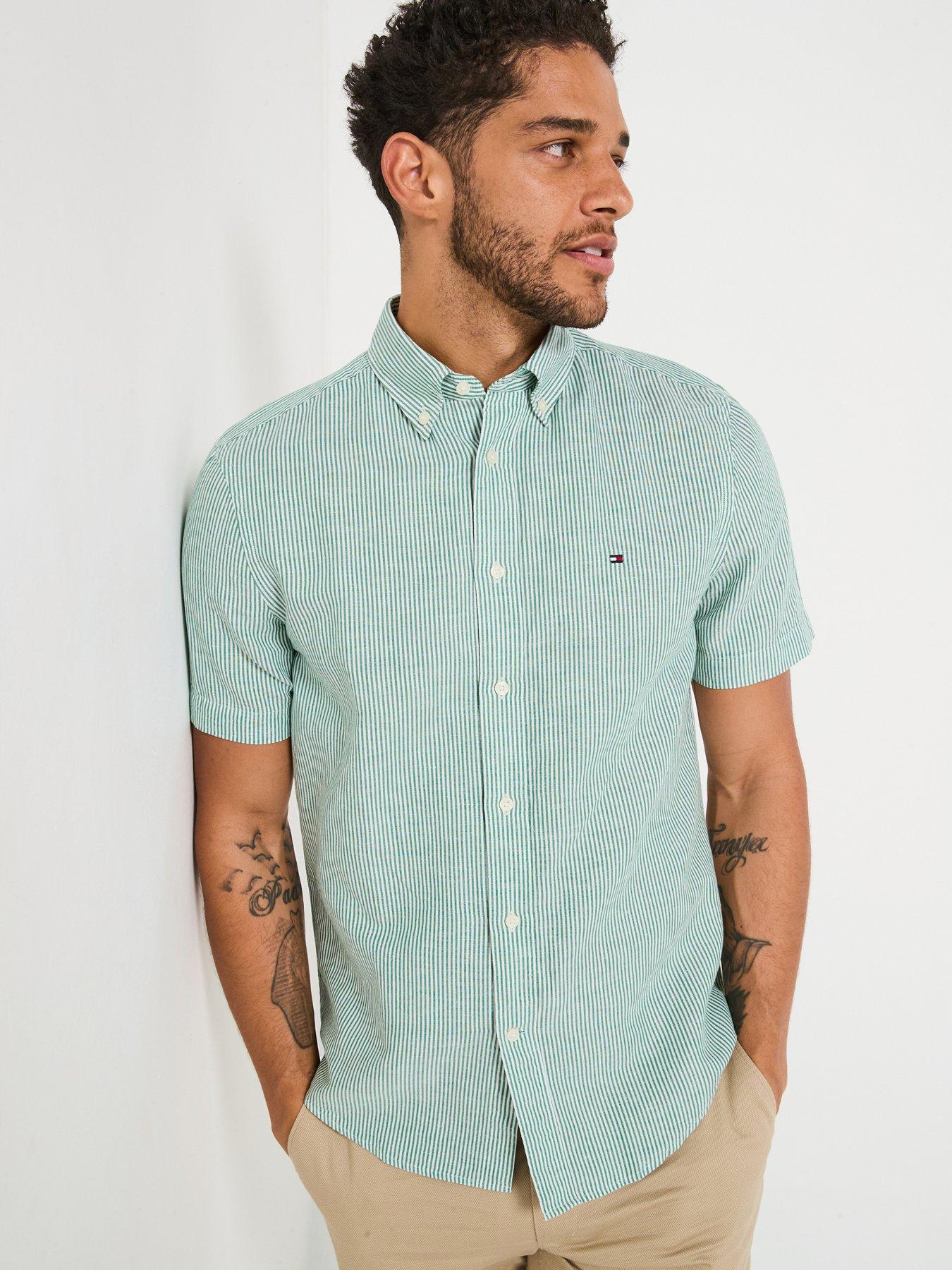 undefined Regular Fit Cotton Linen Essential Stripe Short Sleeve Shirt - Green