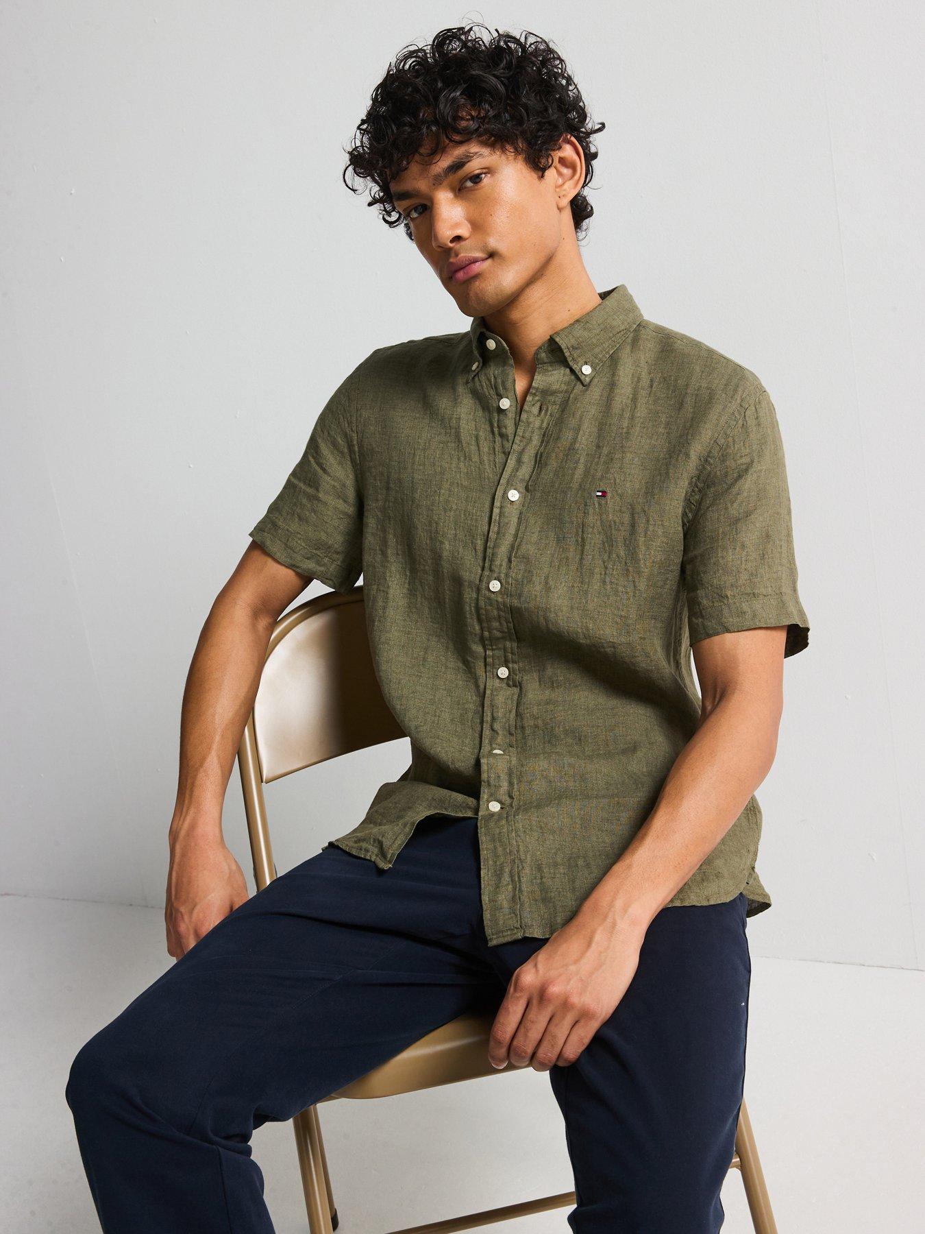 undefined Regular Fit Pigment Dyed Linen Short Sleeve Shirt - Khaki
