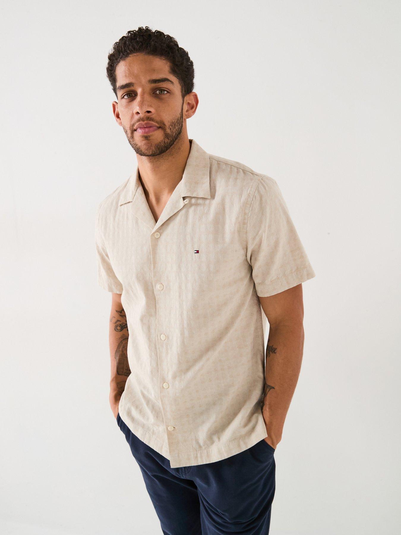 undefined Regular Fit Cotton Linen Dobby Short Sleeve Shirt - Light Beige