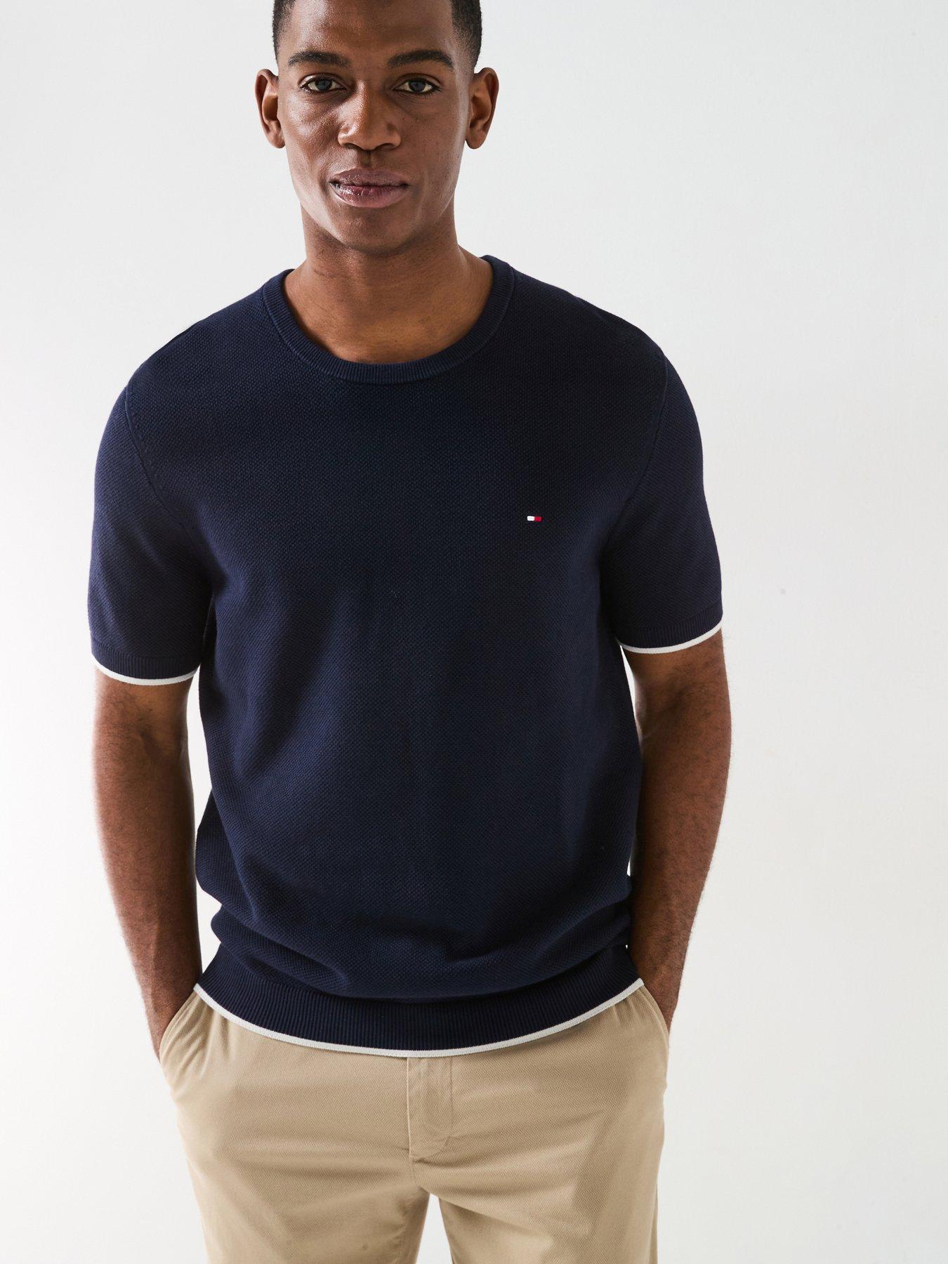 undefined Tipped Structure Short Sleeve Knitted T-Shirt - Navy