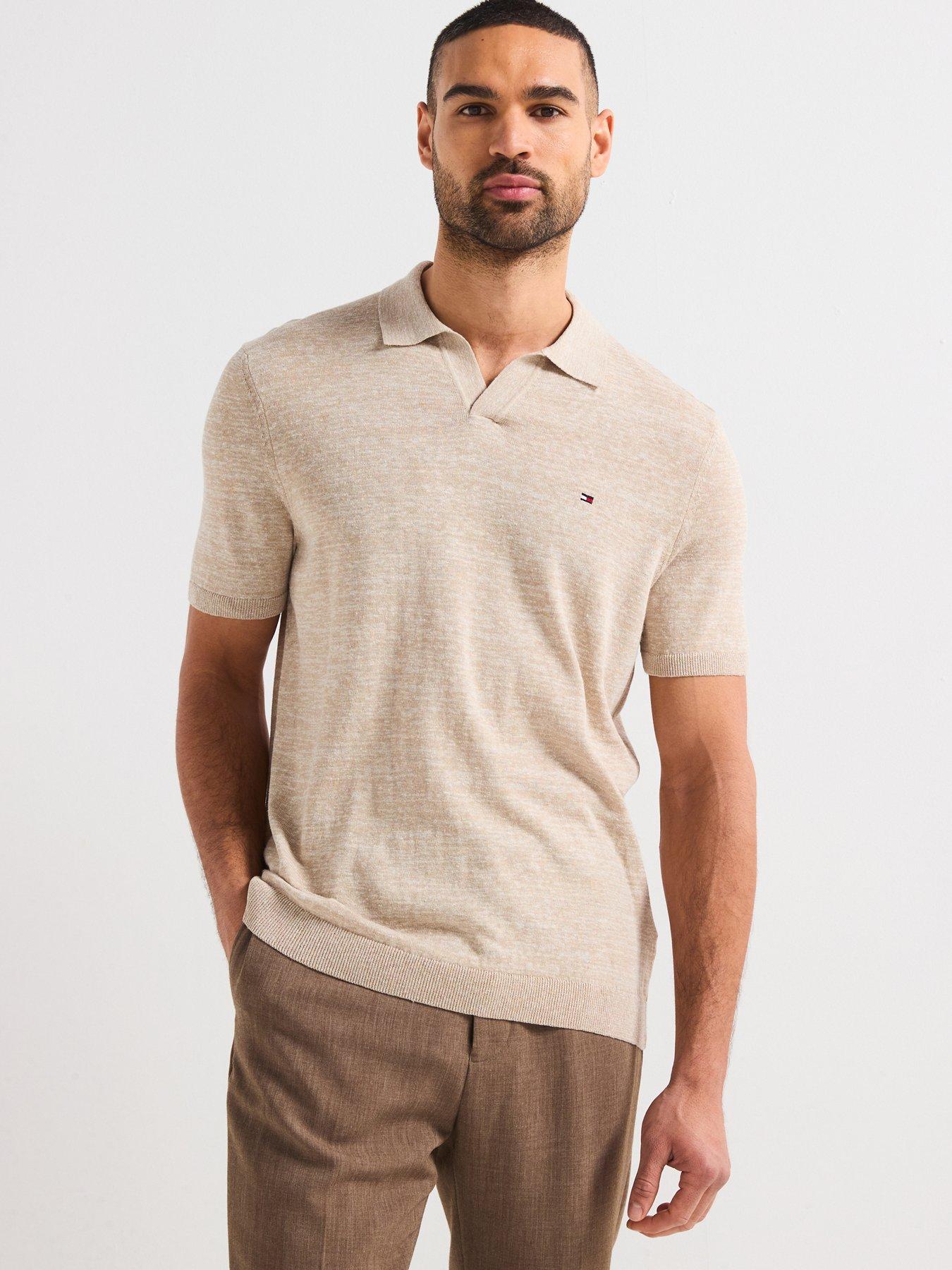 undefined Cotton Linen Open Collar Knitted Polo Shirt - Natural
