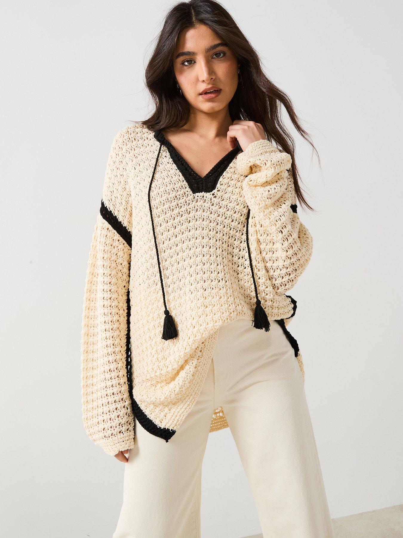 undefined Cotton Rich Tassel Open Knit Jumper - Cream