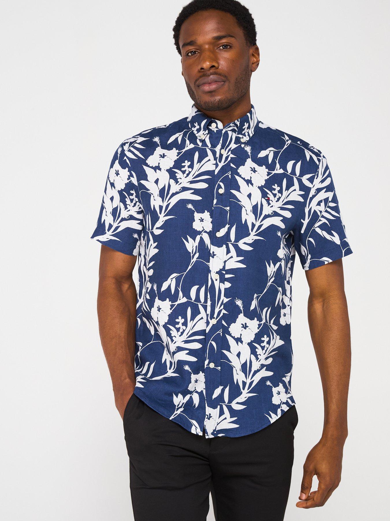 undefined Regular Fit Linen Tropical Print Short Sleeve Shirt - Dark Blue